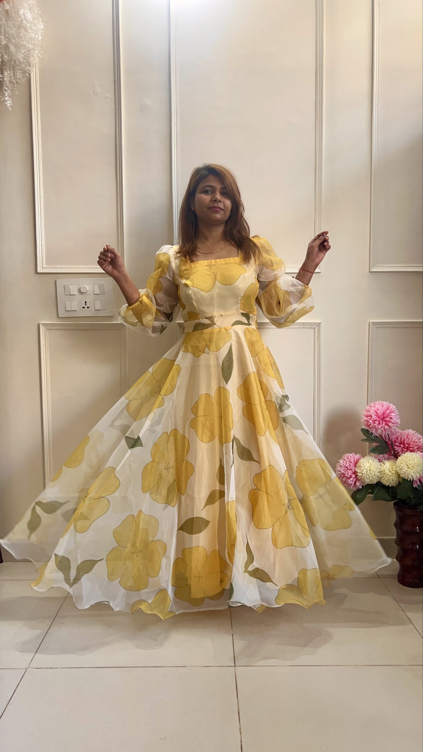 Yellow Floral Gown in Organza - Image 2