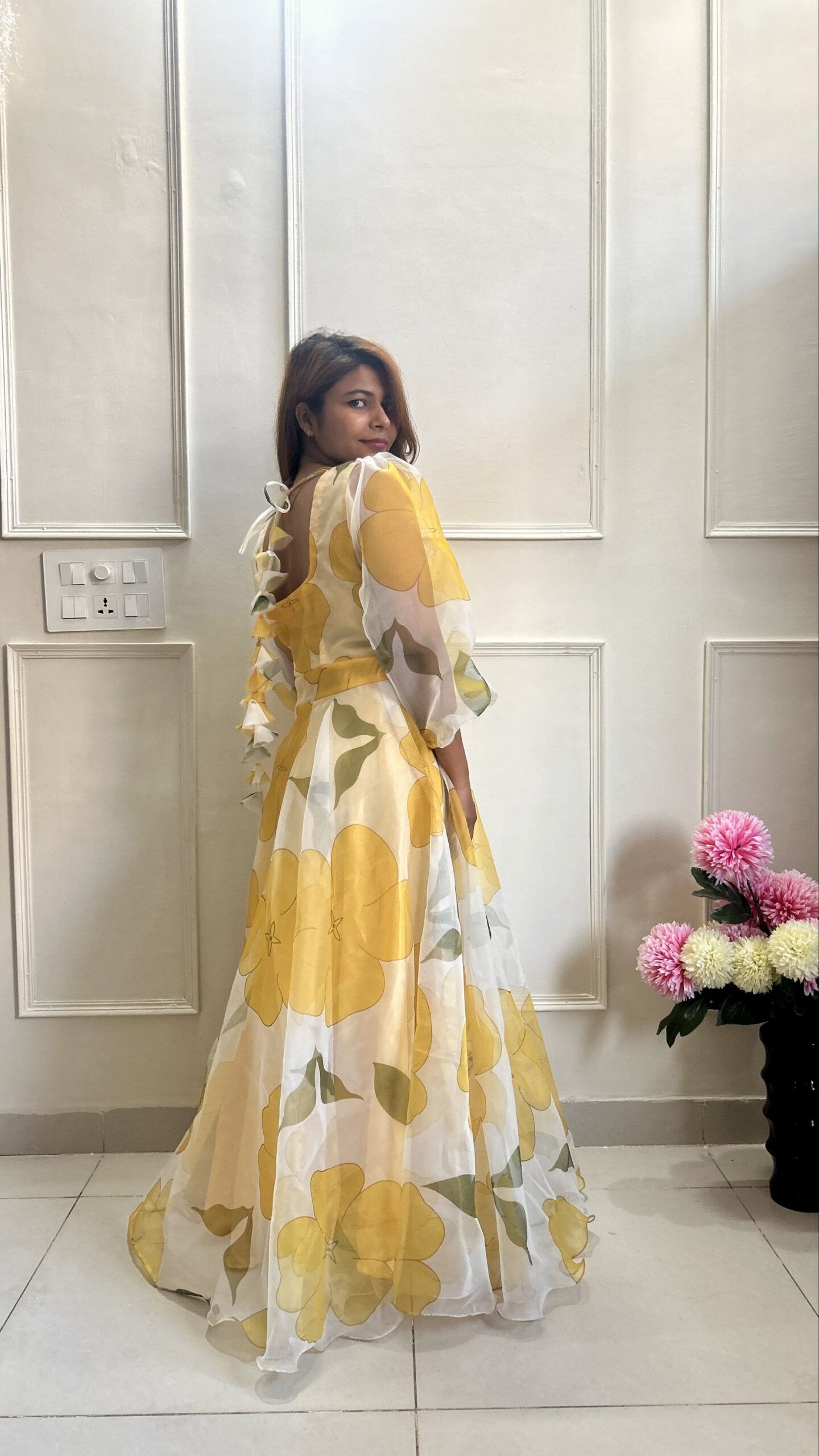 Yellow Floral Gown in Organza - Image 9