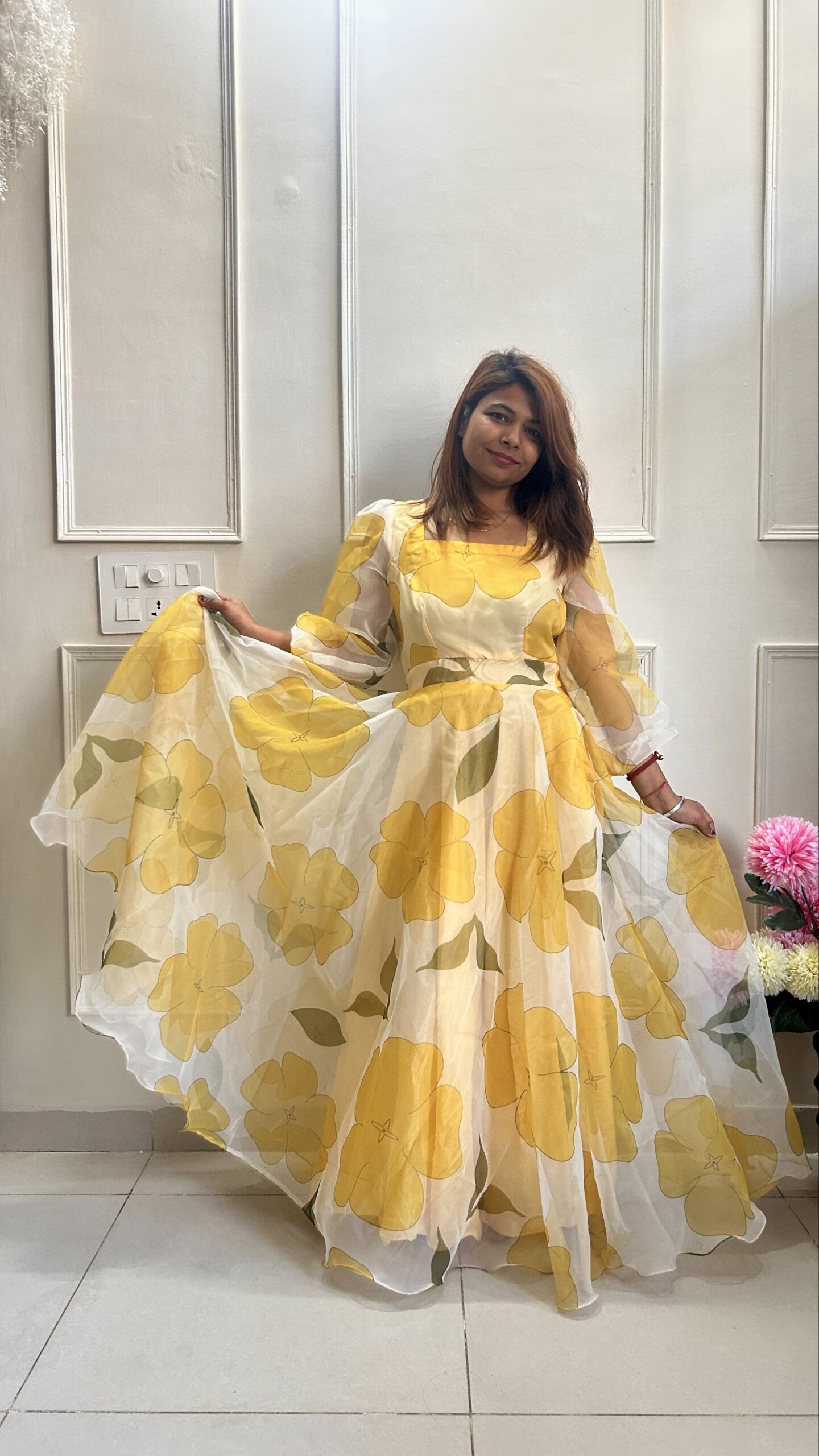 Yellow Floral Gown in Organza