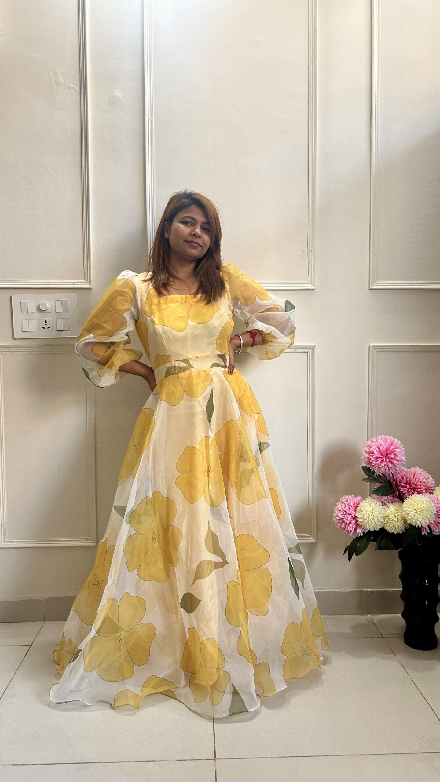 Yellow Floral Gown in Organza - Image 7