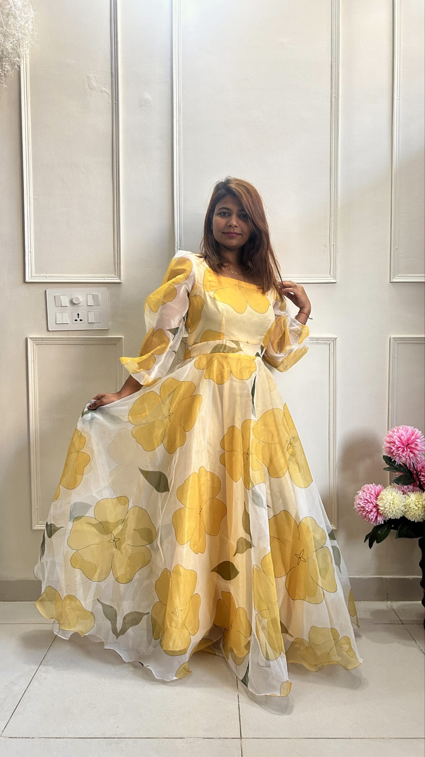 Yellow Floral Gown in Organza - Image 15