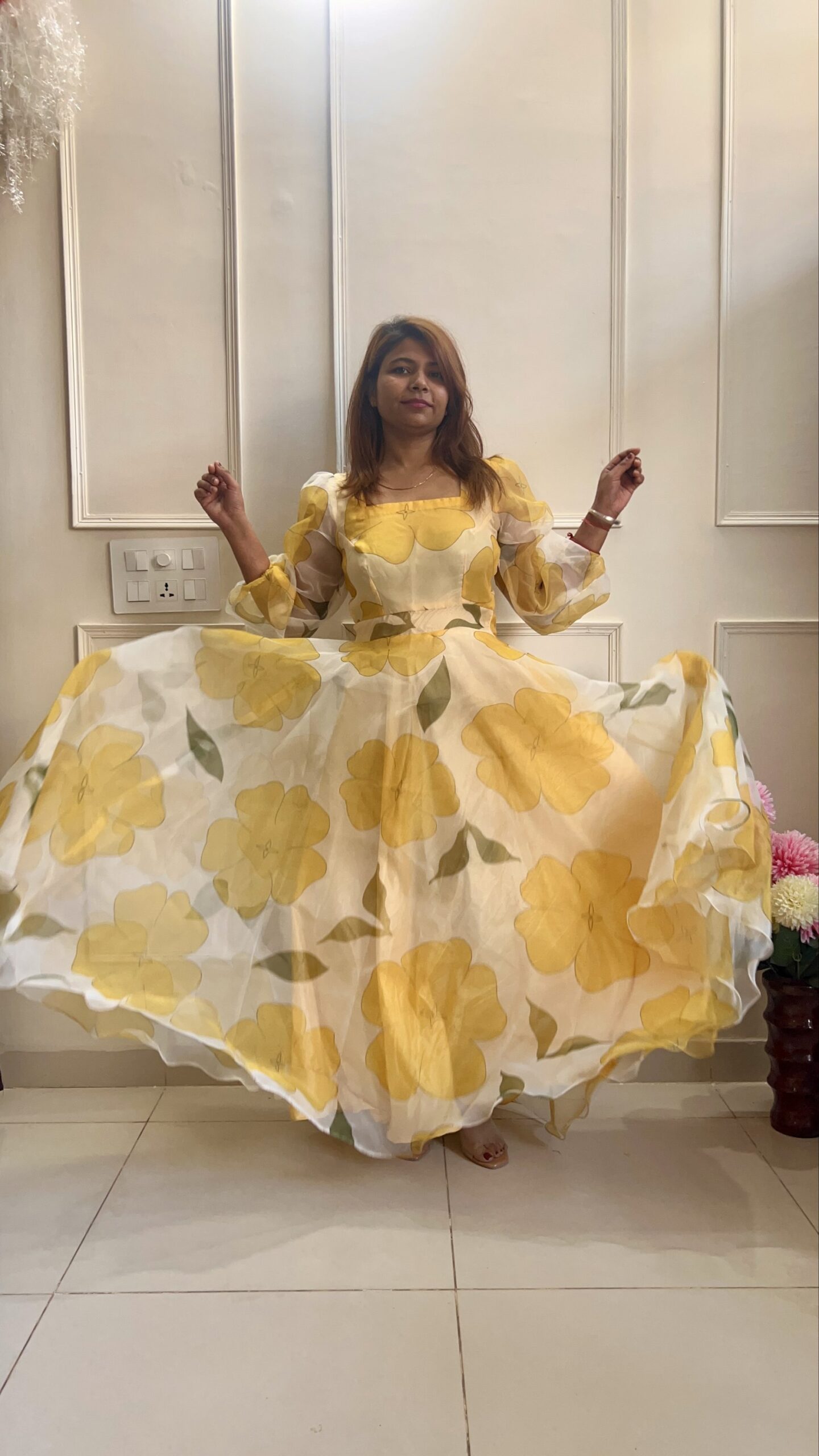 Yellow Floral Gown in Organza - Image 5