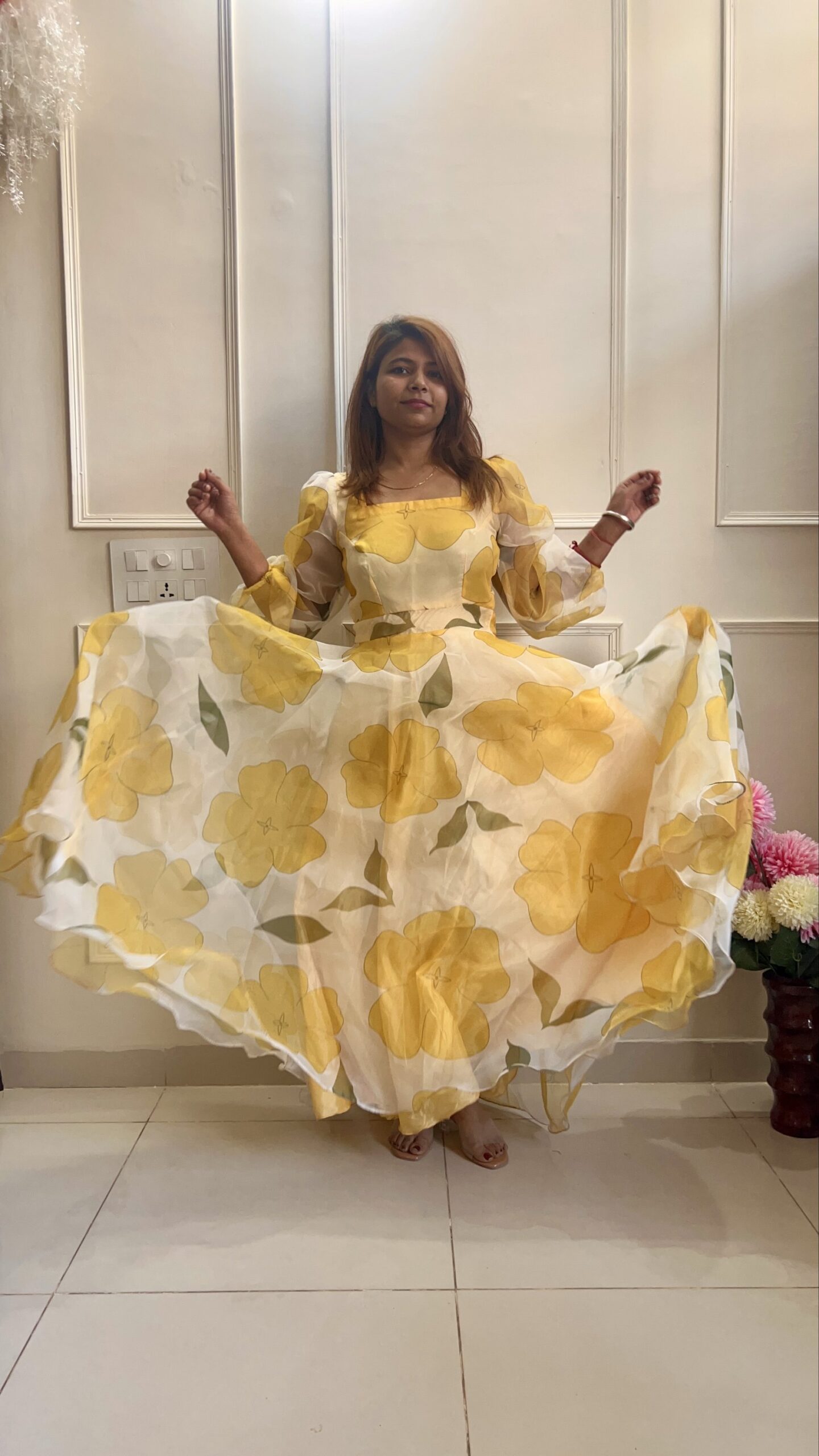 Yellow Floral Gown in Organza - Image 6