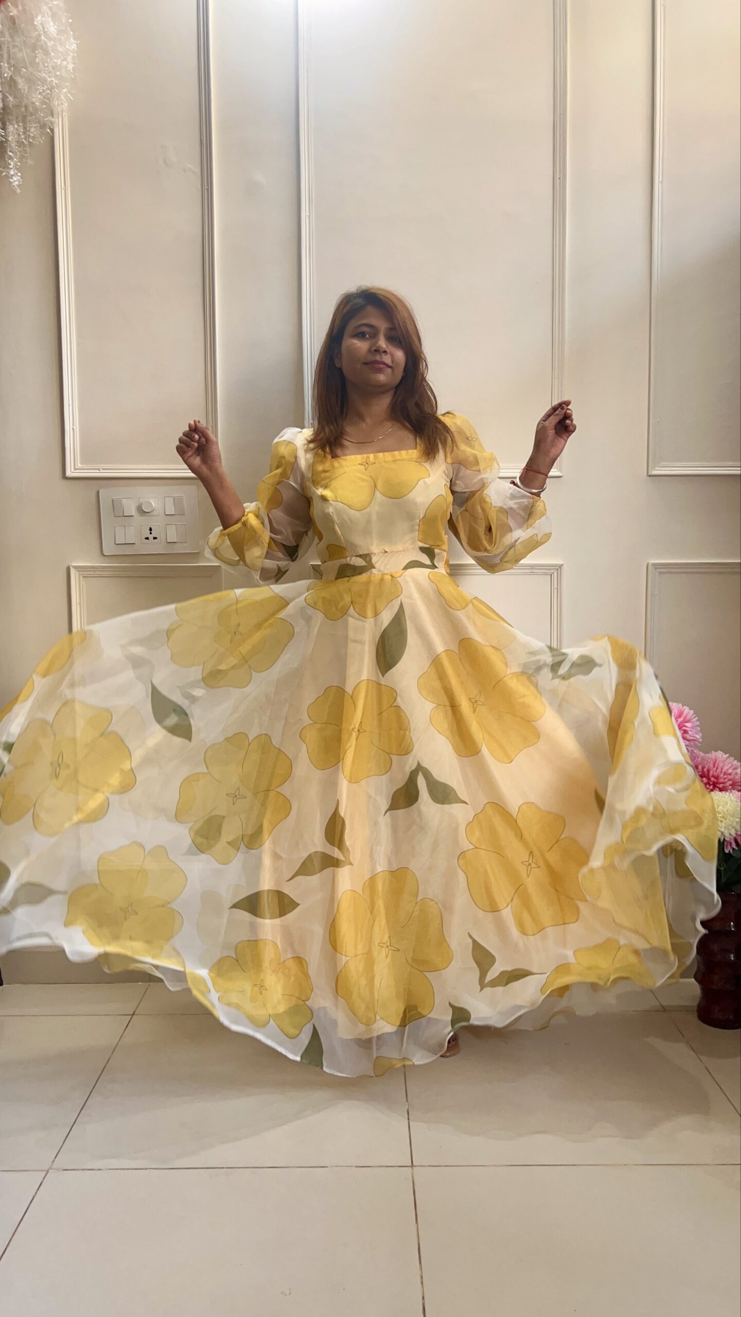 Yellow Floral Gown in Organza - Image 3