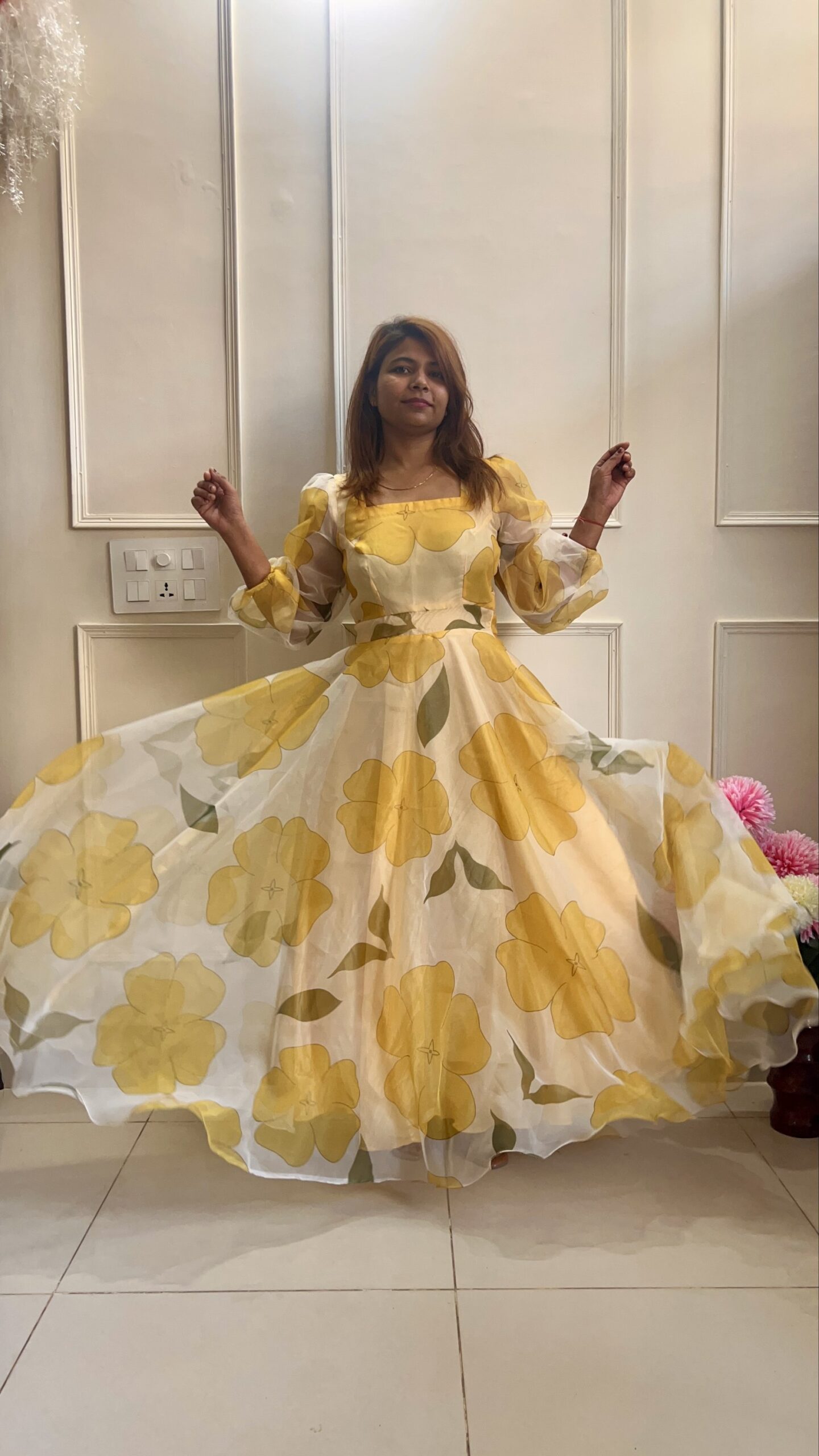 Yellow Floral Gown in Organza - Image 10