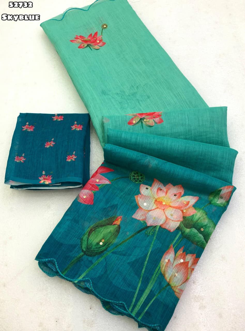 Soft Linen Floral Printed Saree - Image 4