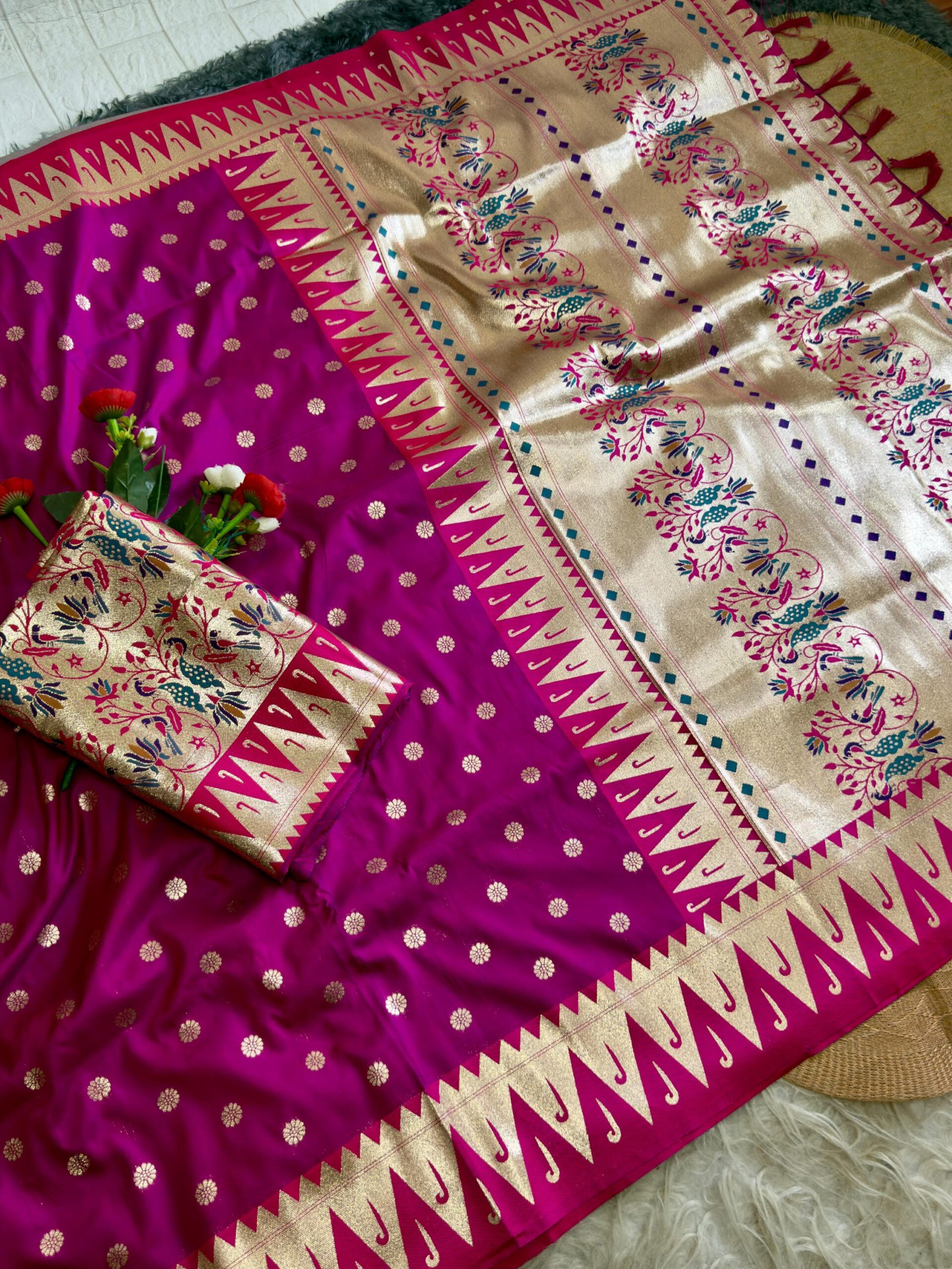 Varkala temple Paithani Silk Saree with Golden Pallu & Brocade Blouse - Image 6