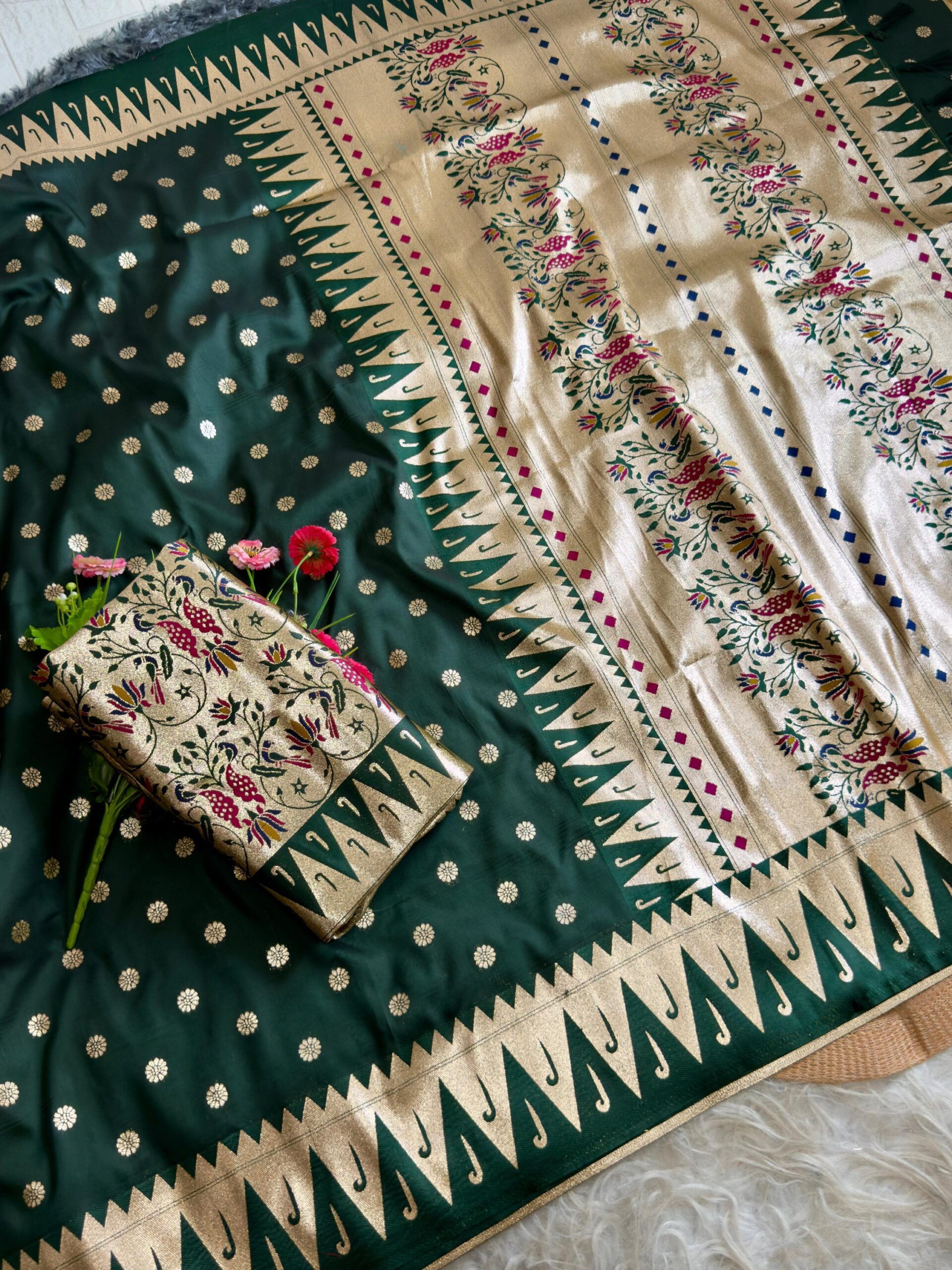 Varkala temple Paithani Silk Saree with Golden Pallu & Brocade Blouse - Image 16