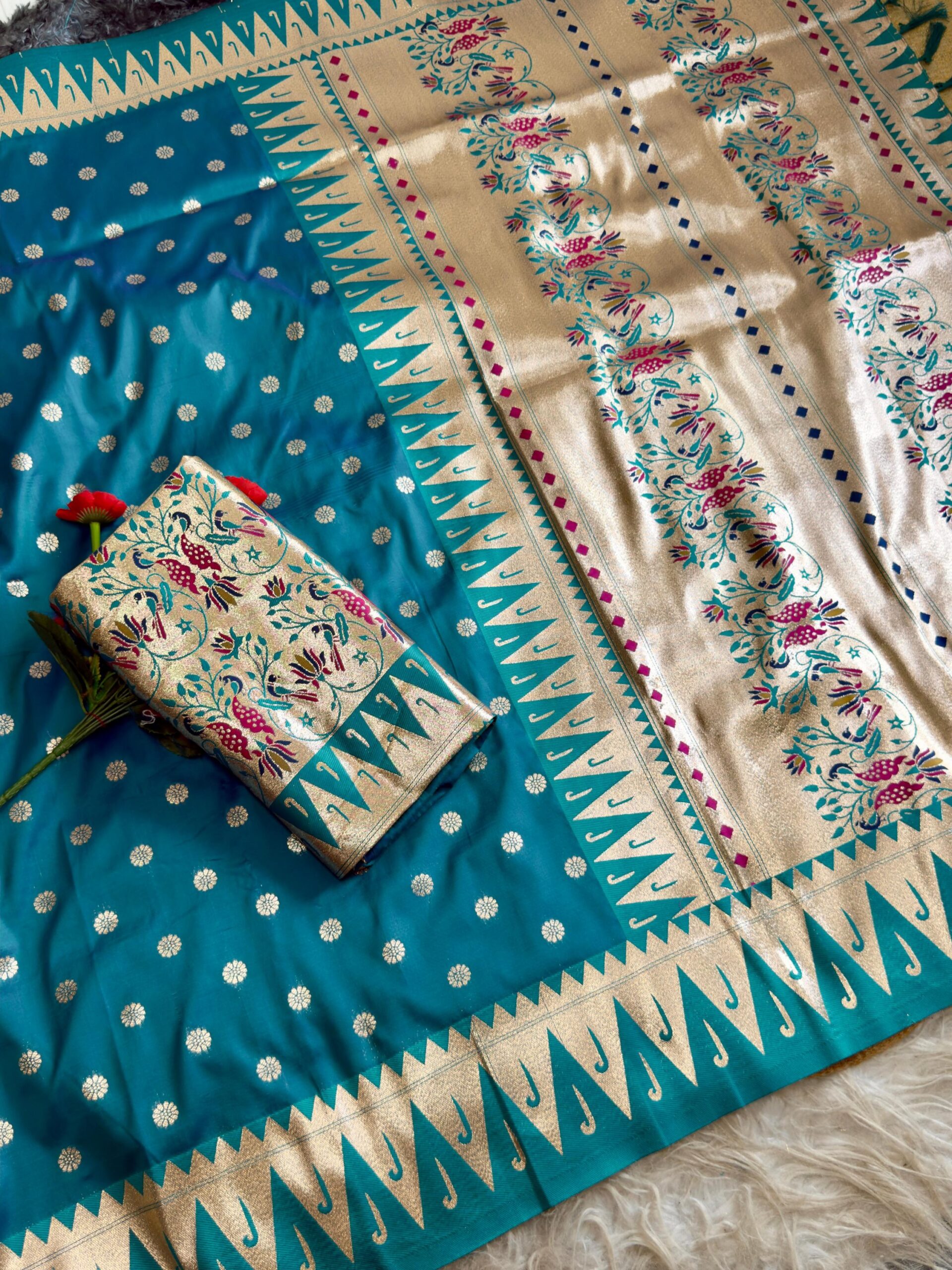 Varkala temple Paithani Silk Saree with Golden Pallu & Brocade Blouse - Image 12