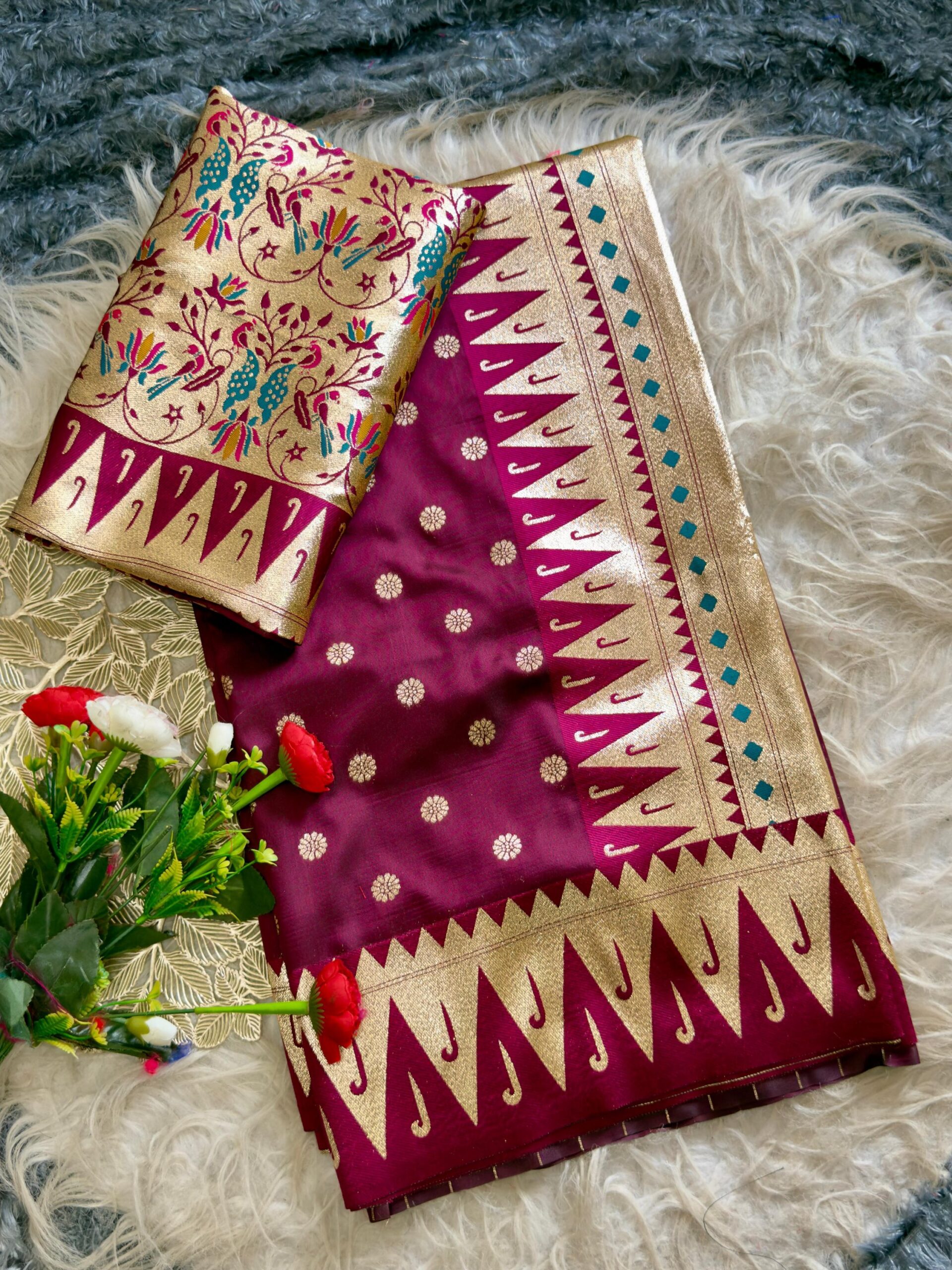 Varkala temple Paithani Silk Saree with Golden Pallu & Brocade Blouse - Image 7