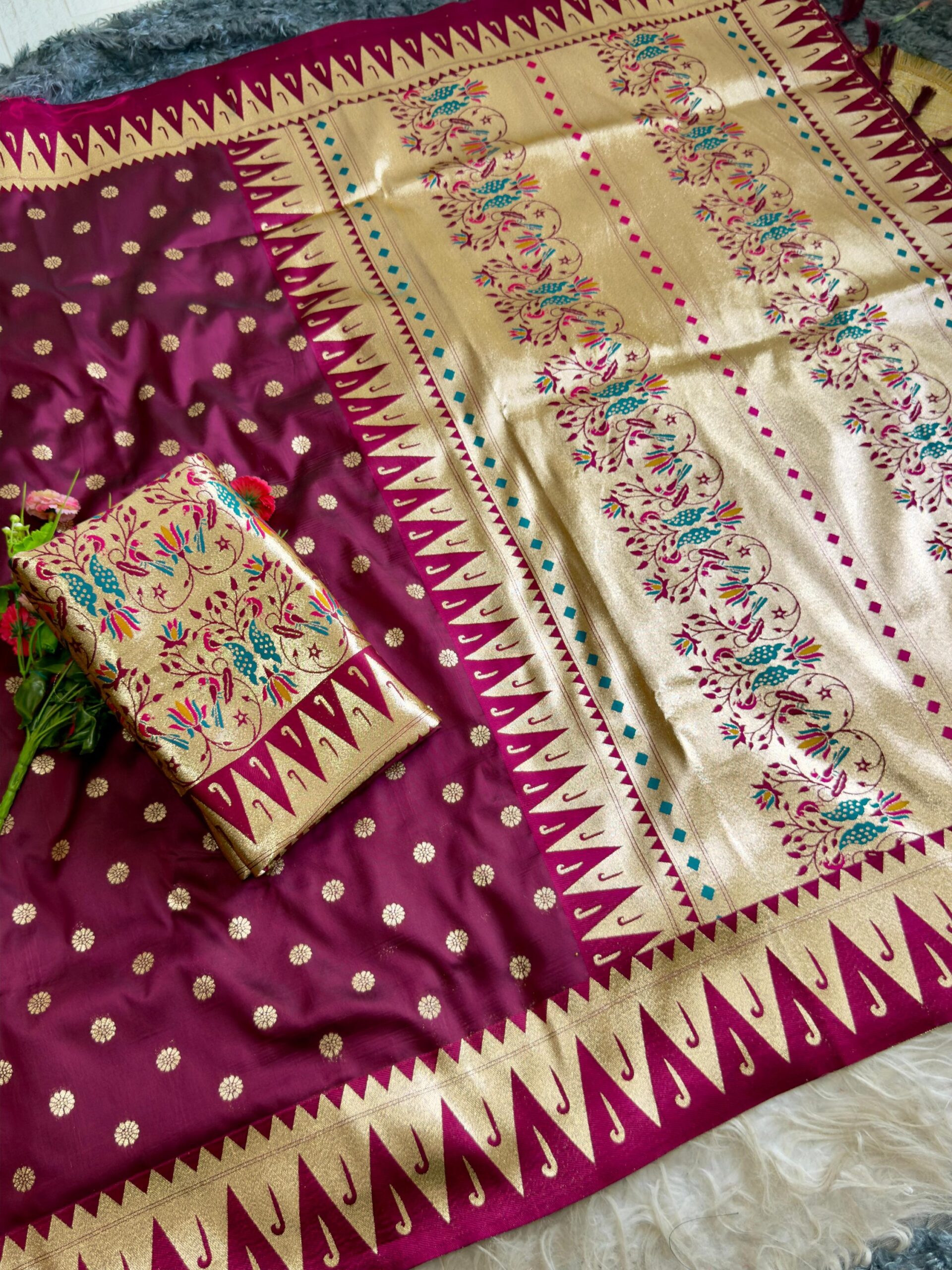 Varkala temple Paithani Silk Saree with Golden Pallu & Brocade Blouse - Image 8