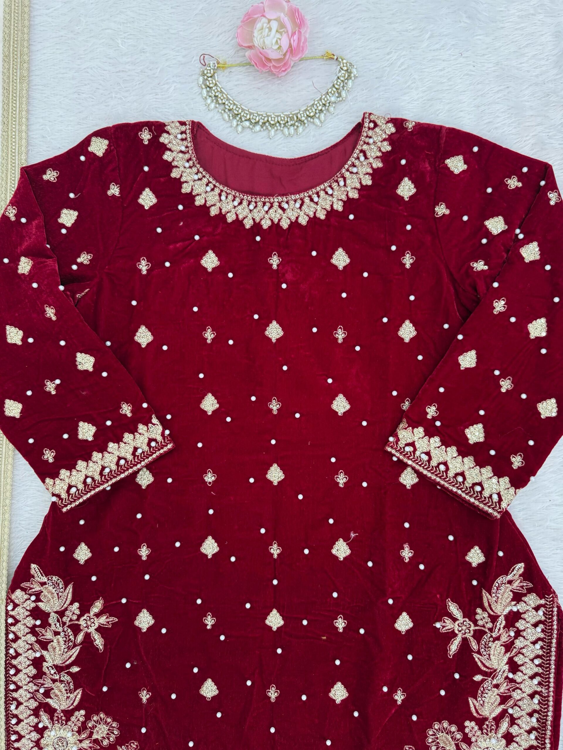 Embroidered Kurta Set in Velvet - Image 11