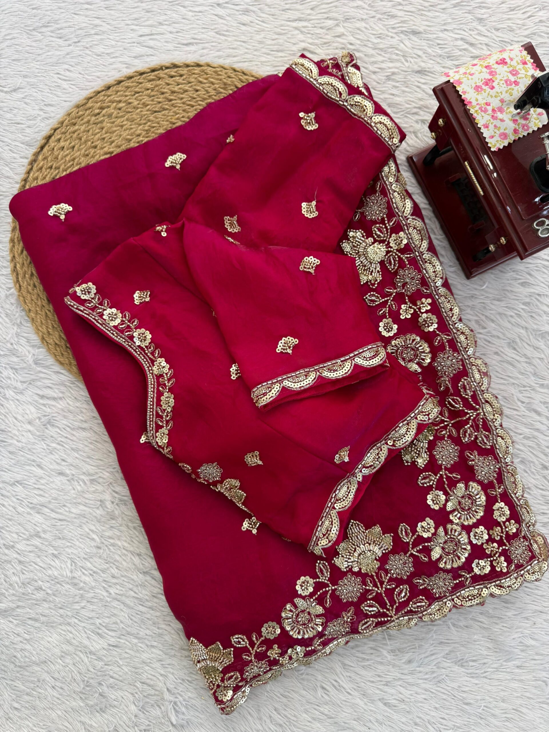 Designer Bridal/Karwachauth Special Embroidered Saree - Image 7