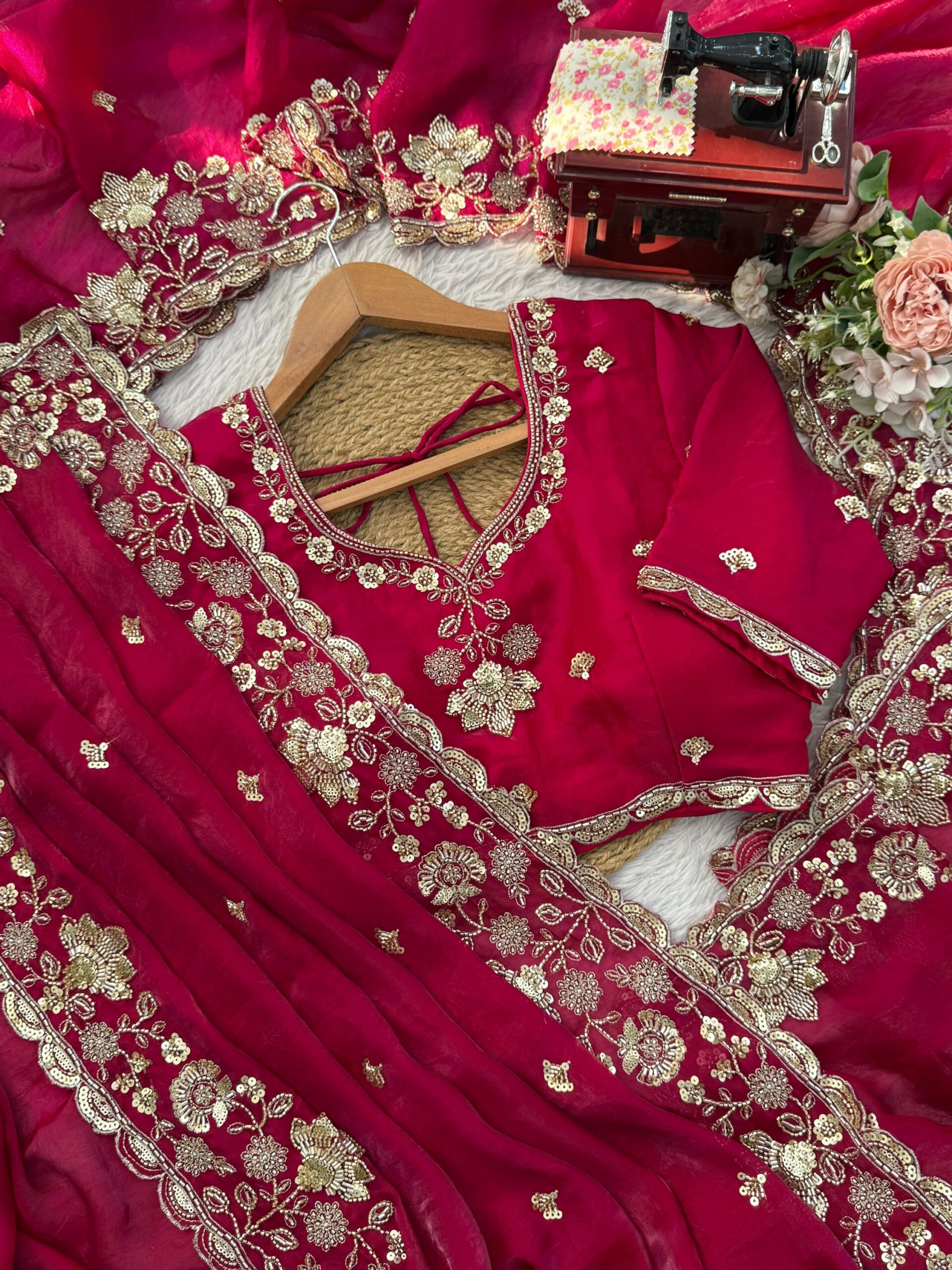 Designer Bridal/Karwachauth Special Embroidered Saree - Image 8