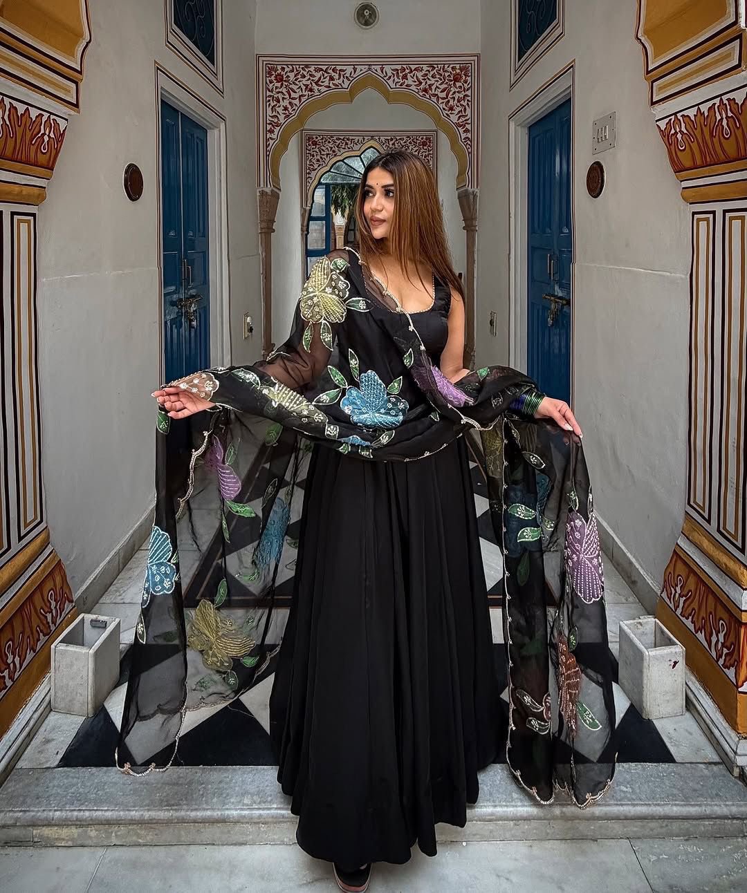 Black Elegance Anarkali with Floral Embroidered Dupatta