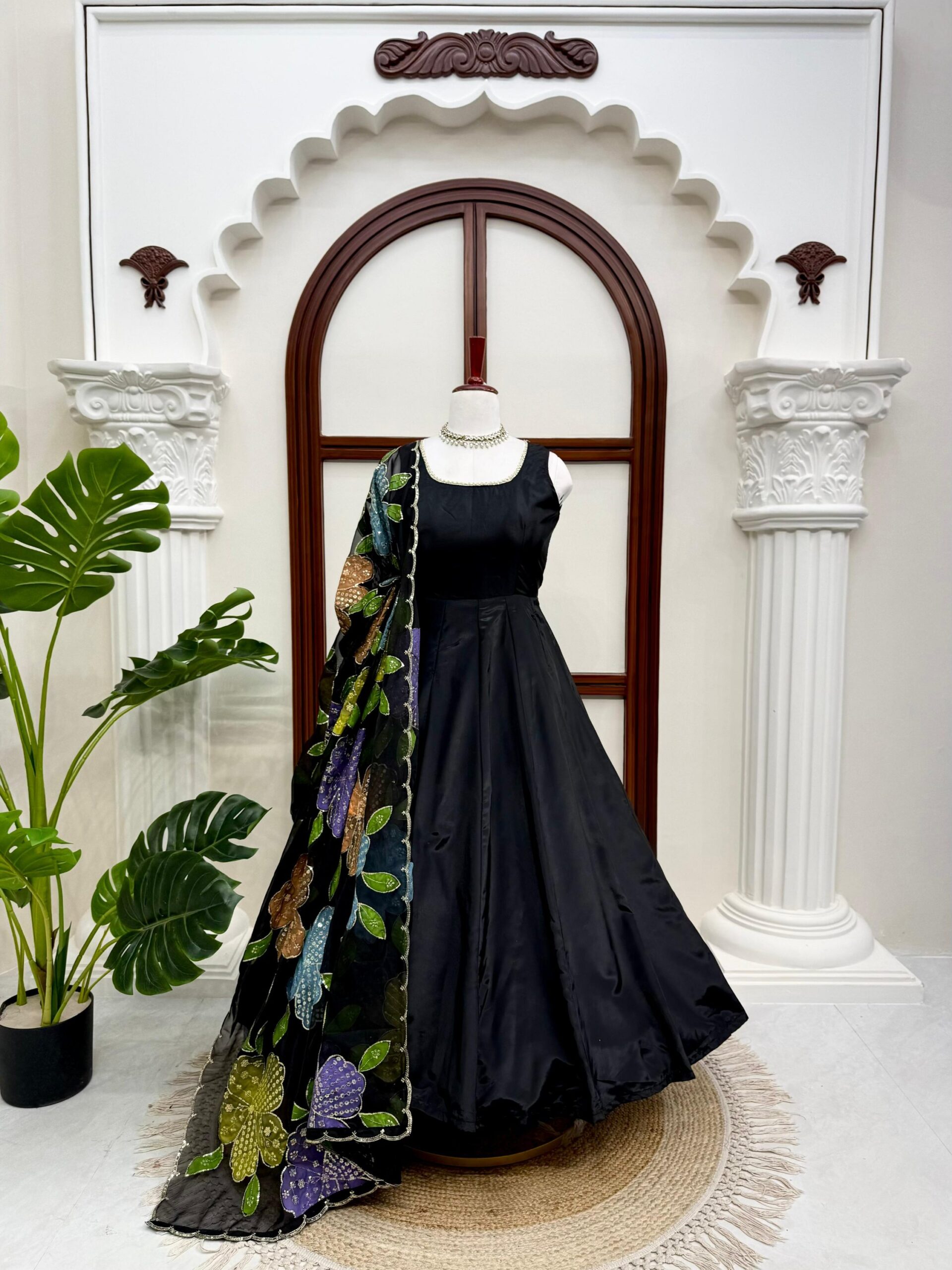 Black Elegance Anarkali with Floral Embroidered Dupatta - Image 3