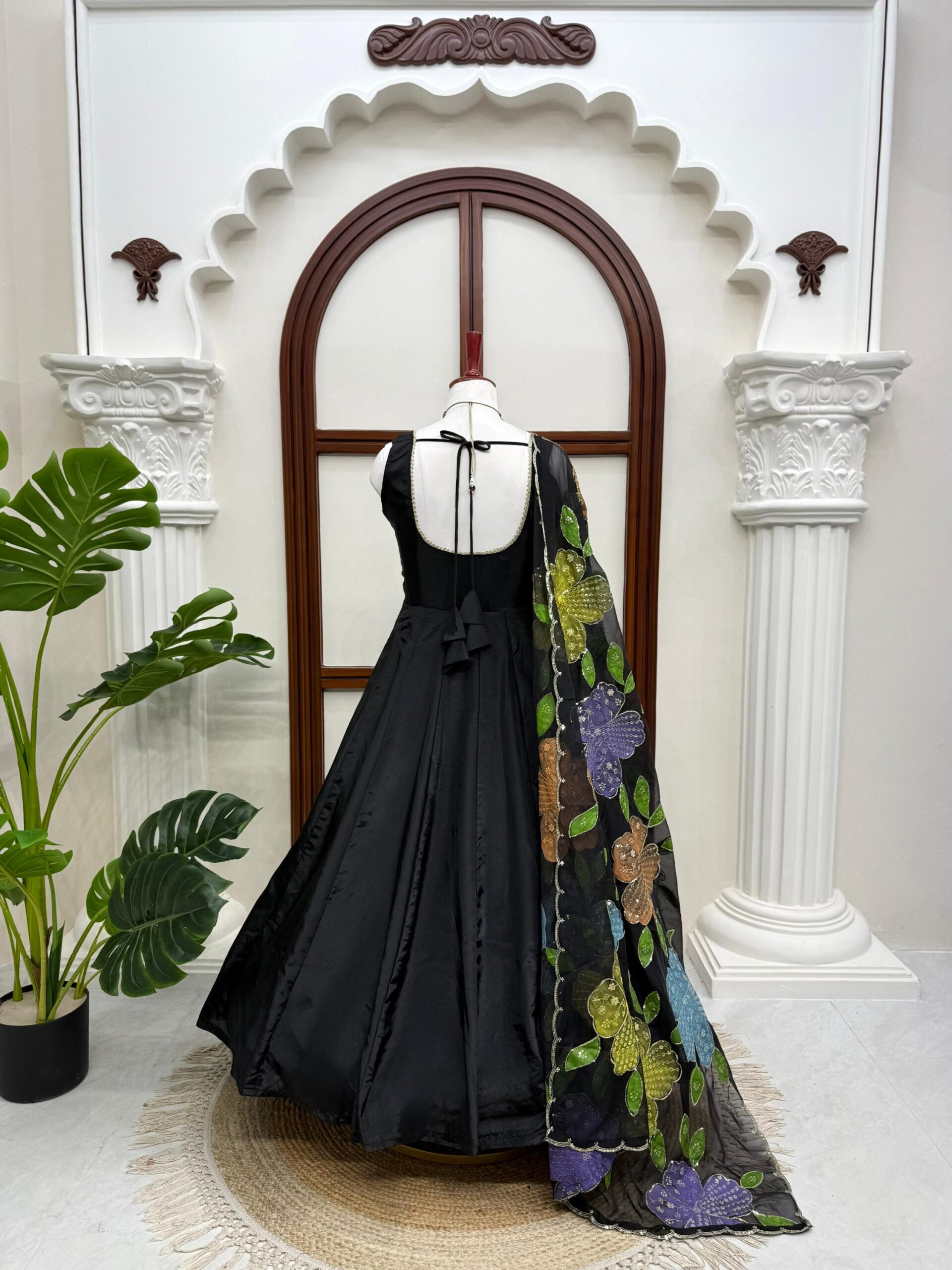 Black Elegance Anarkali with Floral Embroidered Dupatta - Image 4