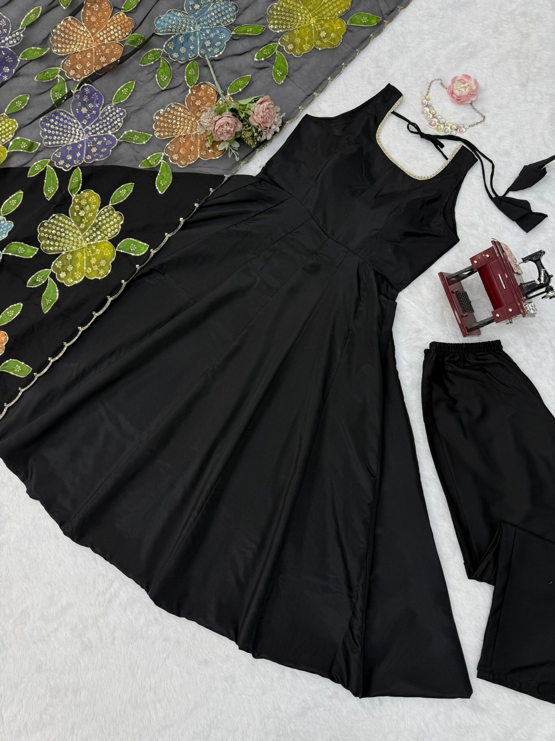 Black Elegance Anarkali with Floral Embroidered Dupatta - Image 6