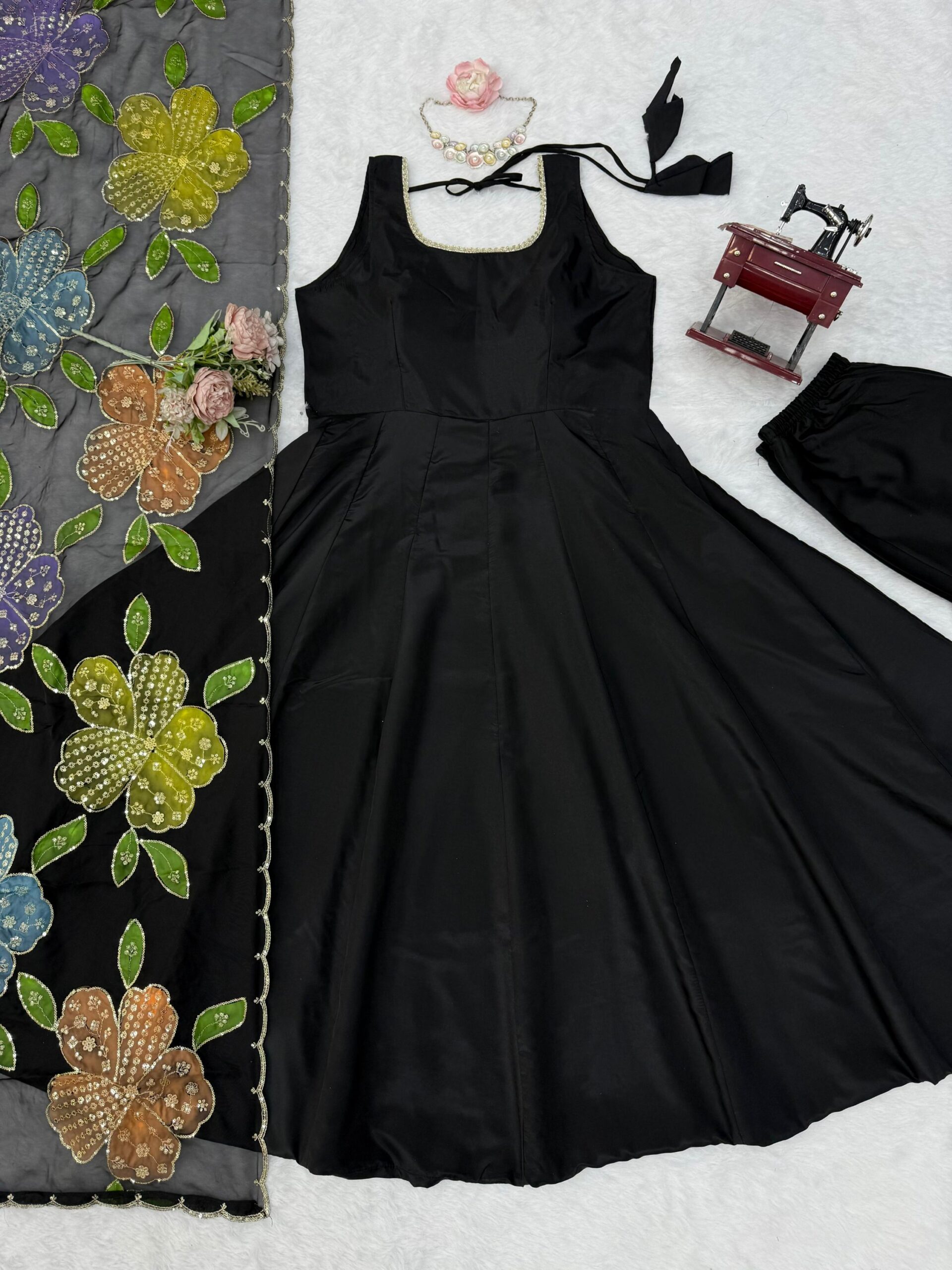 Black Elegance Anarkali with Floral Embroidered Dupatta - Image 8