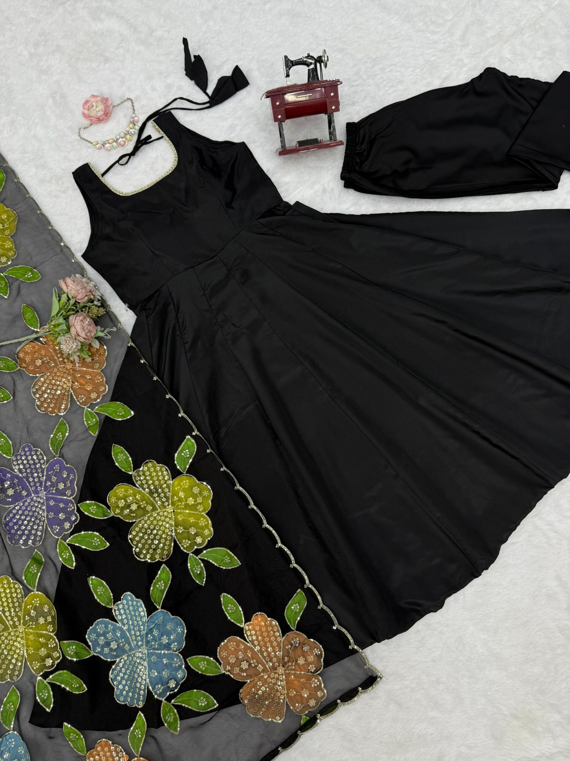 Black Elegance Anarkali with Floral Embroidered Dupatta - Image 5