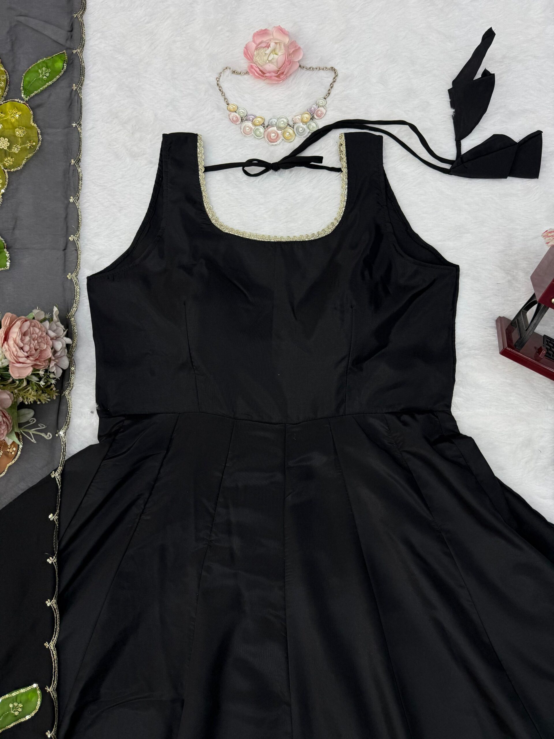 Black Elegance Anarkali with Floral Embroidered Dupatta - Image 7