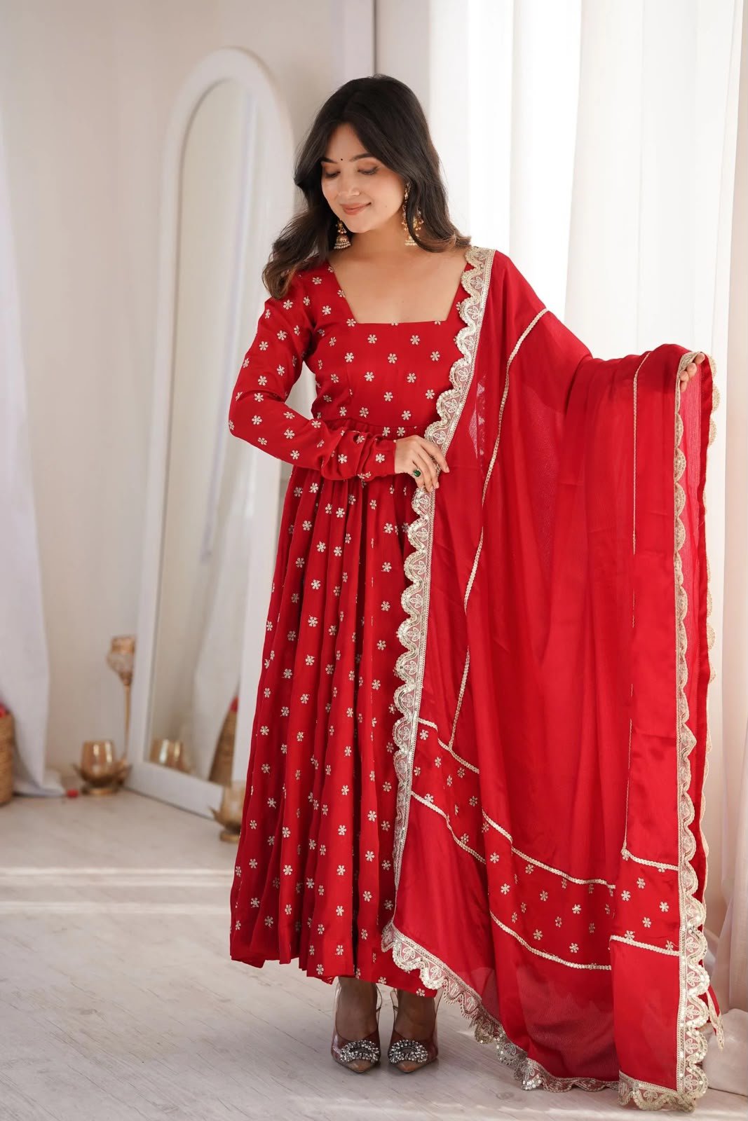 Classic Red Anarkali Set - Image 6