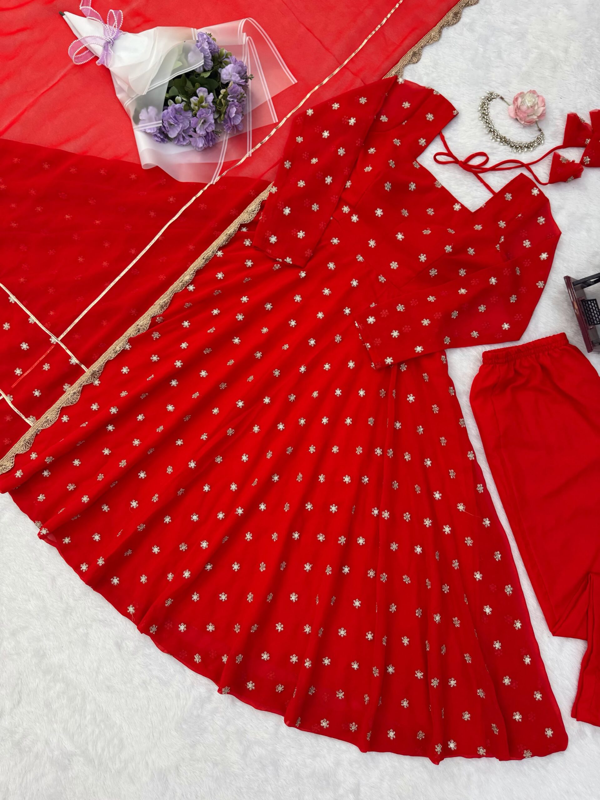 Classic Red Anarkali Set - Image 11