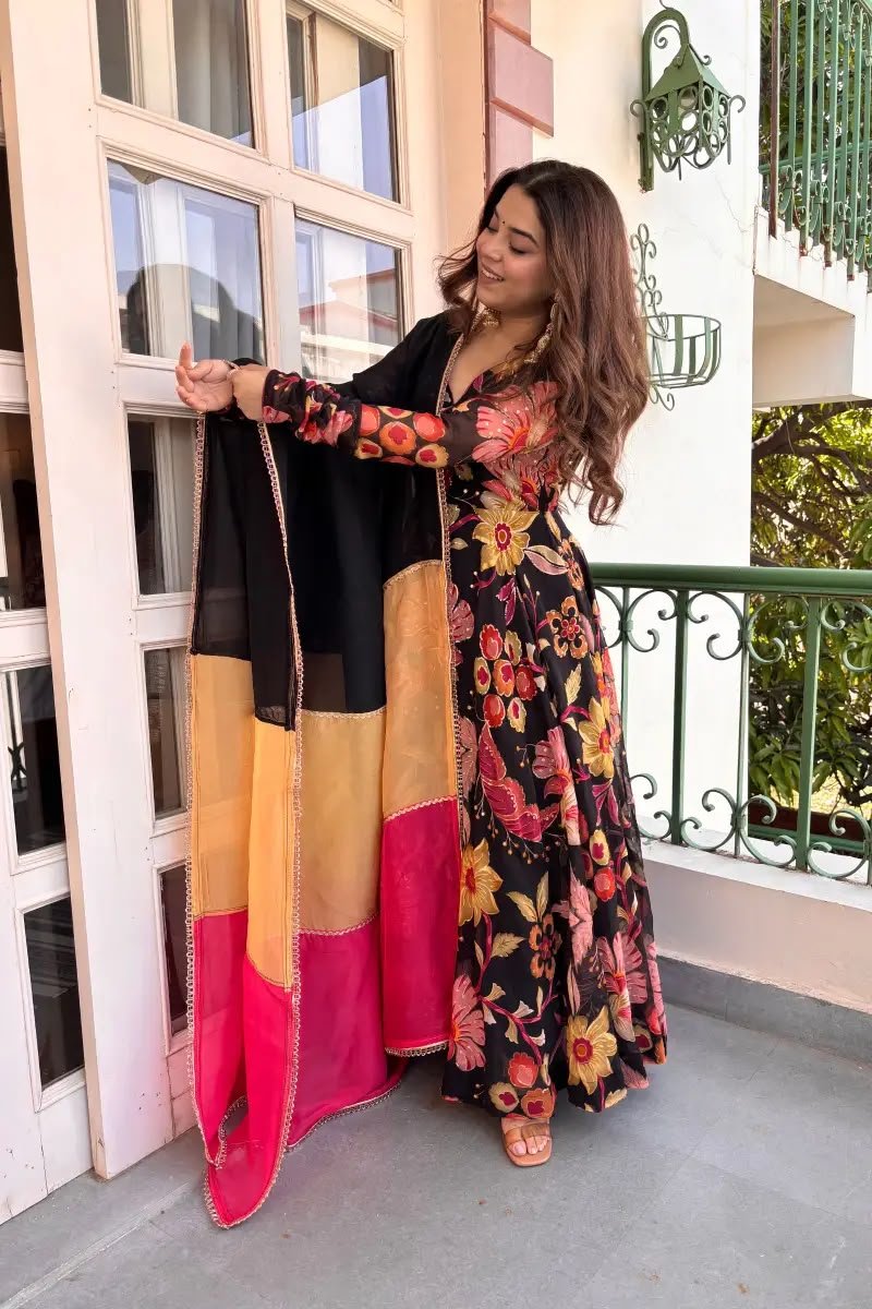 Black Floral Anarkali Set