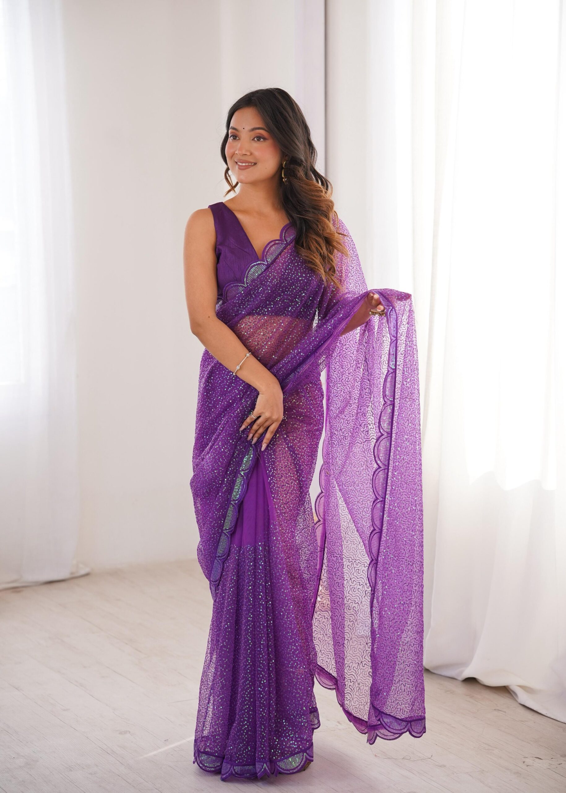 Shimmering Thread & Sequins Net Saree
