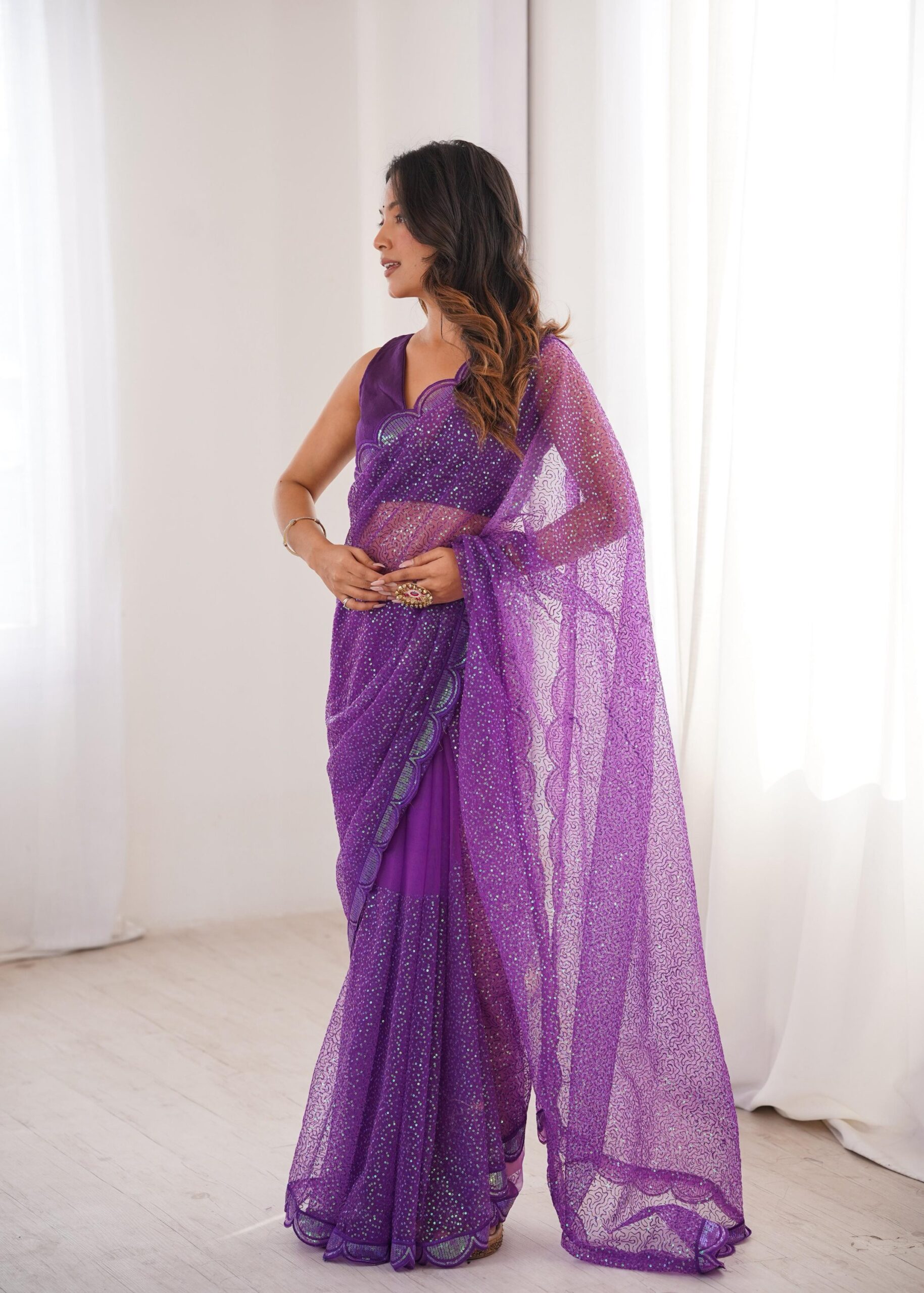 Shimmering Thread & Sequins Net Saree - Image 2