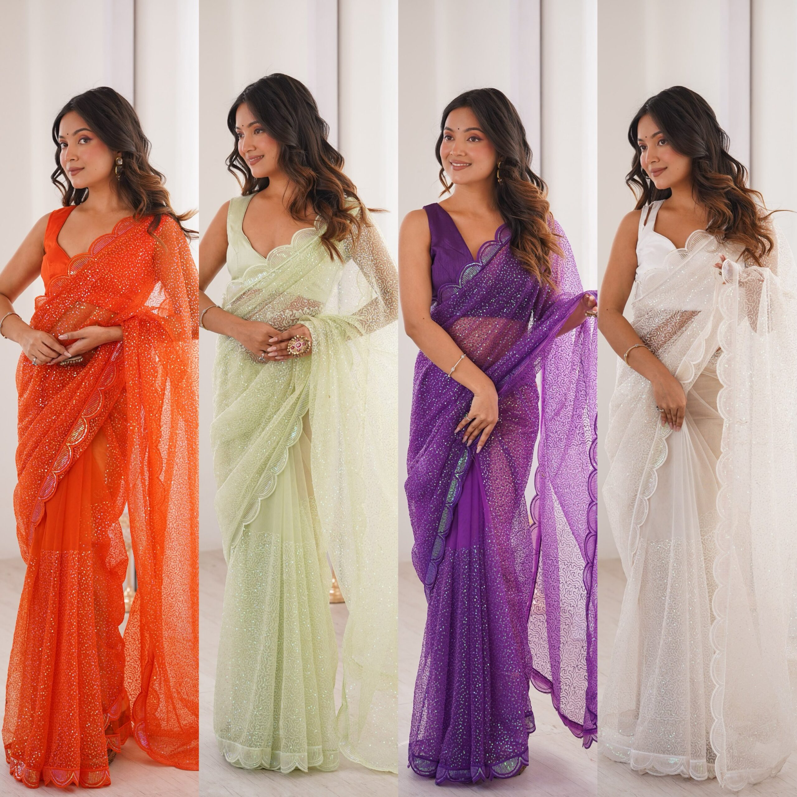 Shimmering Thread & Sequins Net Saree - Image 2