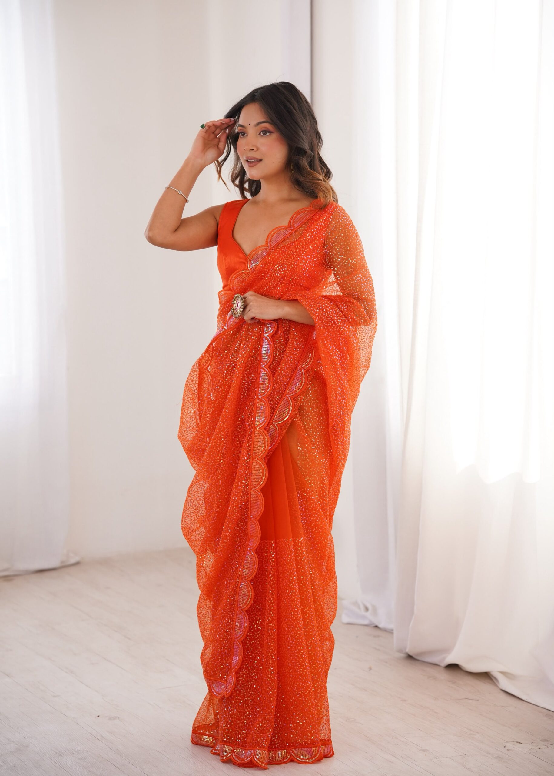 Shimmering Thread & Sequins Net Saree - Image 45