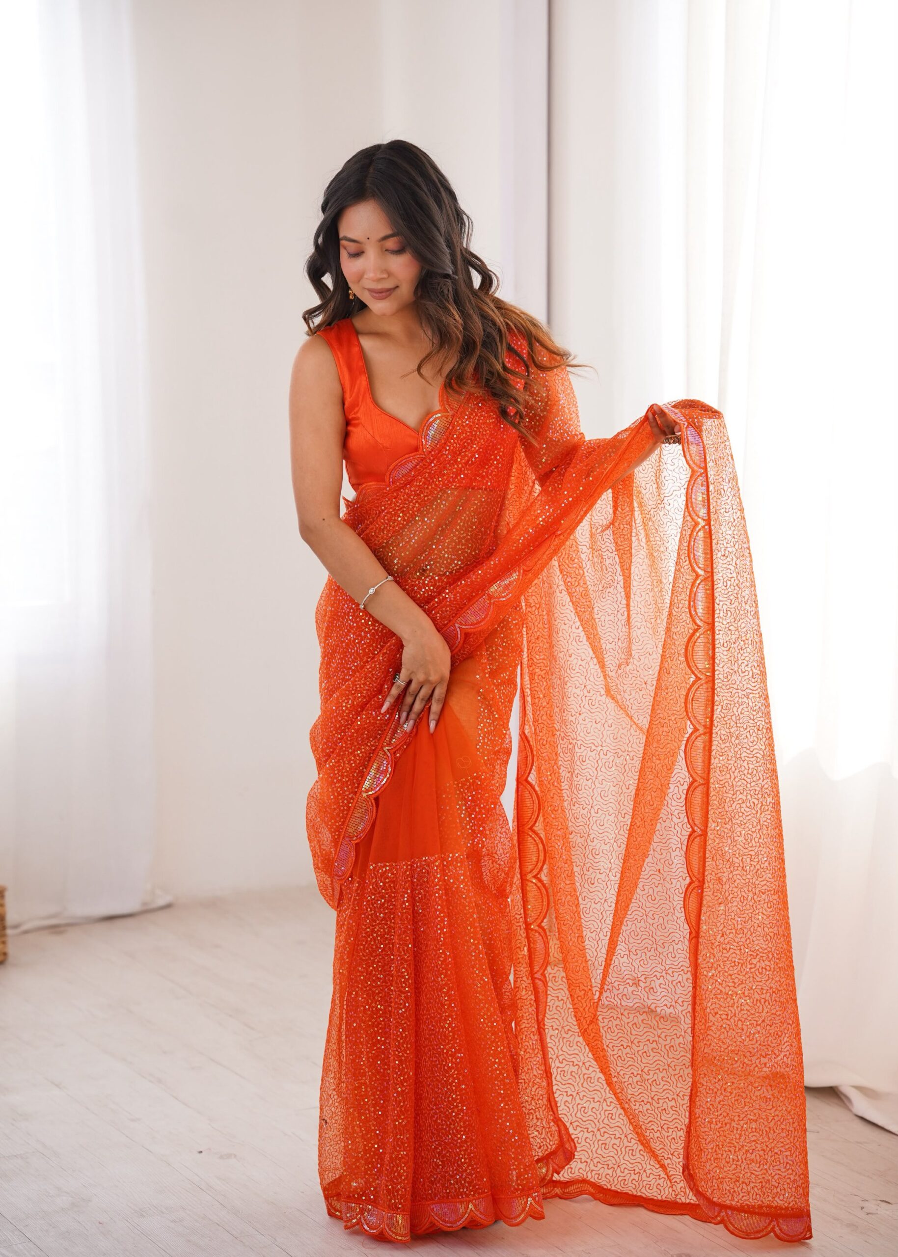 Shimmering Thread & Sequins Net Saree - Image 41