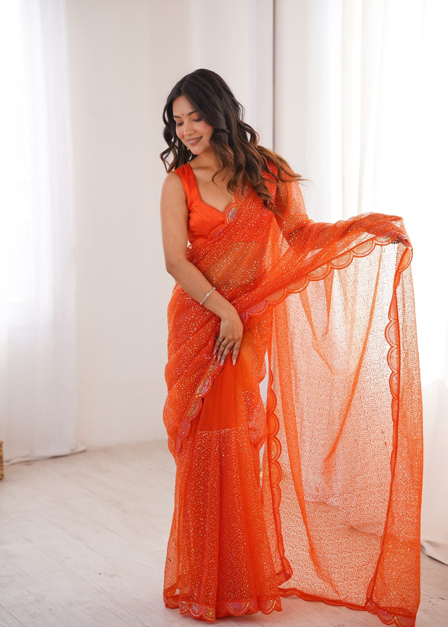 Shimmering Thread & Sequins Net Saree - Image 38