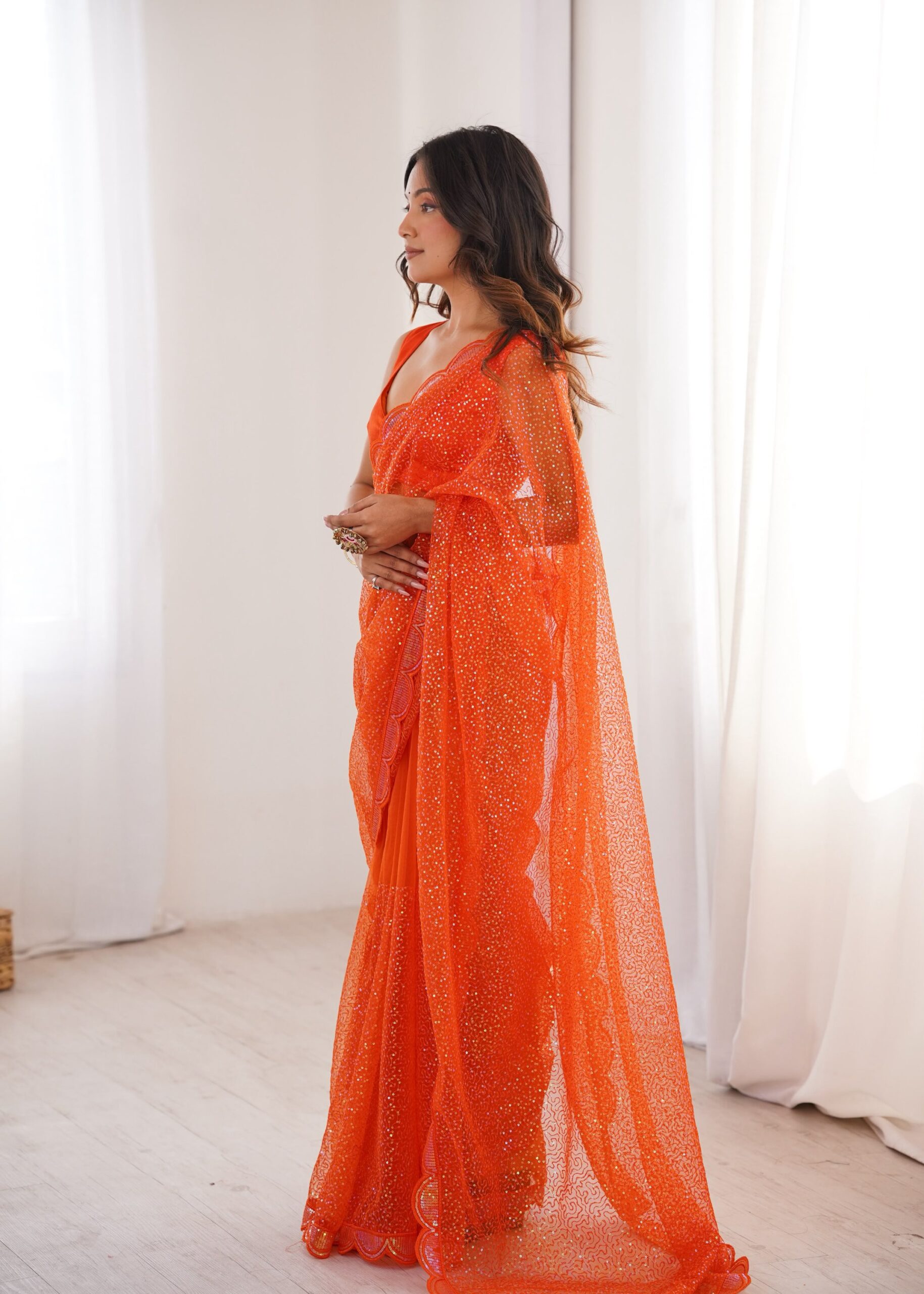 Shimmering Thread & Sequins Net Saree - Image 43