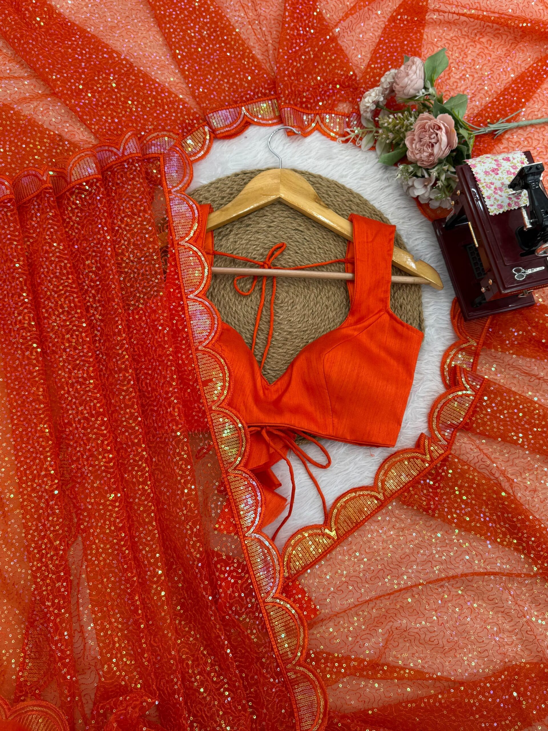 Shimmering Thread & Sequins Net Saree - Image 50