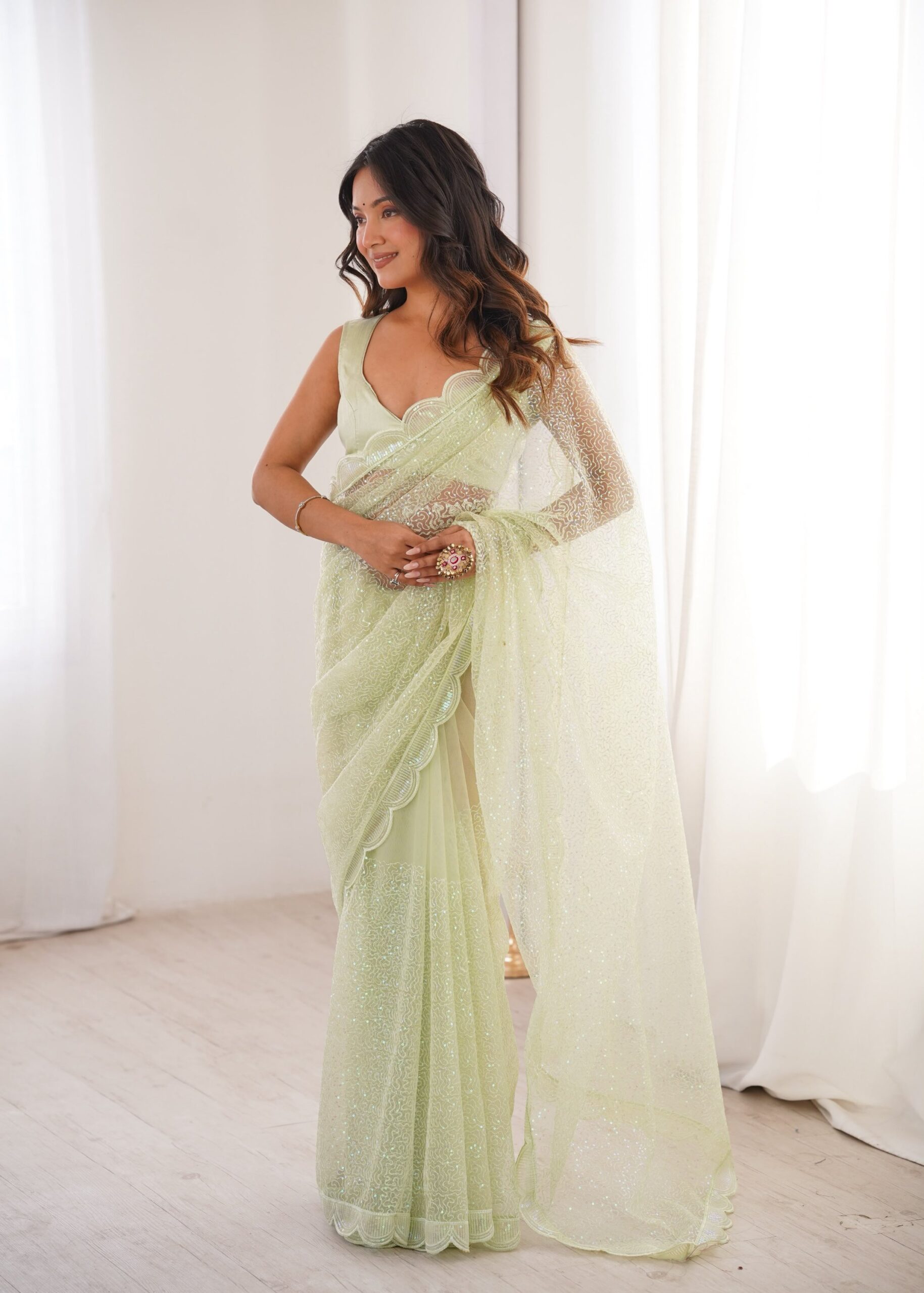 Shimmering Thread & Sequins Net Saree - Image 30