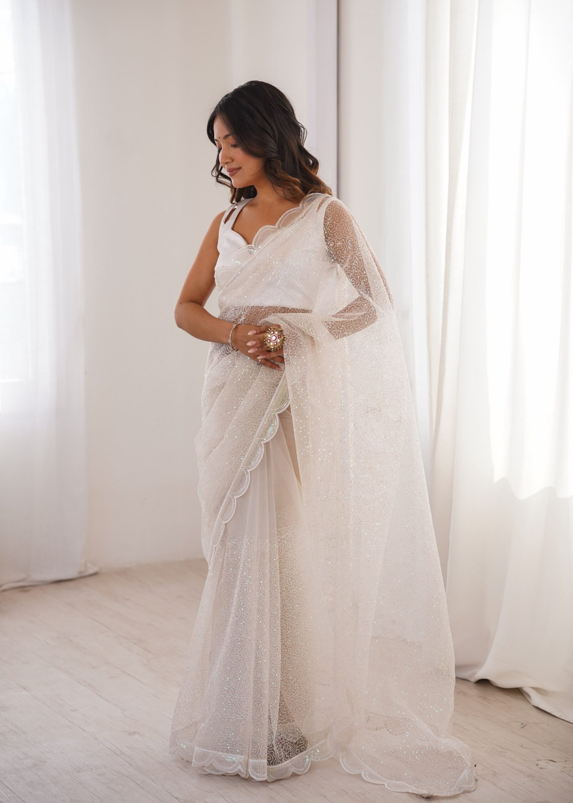 Shimmering Thread & Sequins Net Saree - Image 14