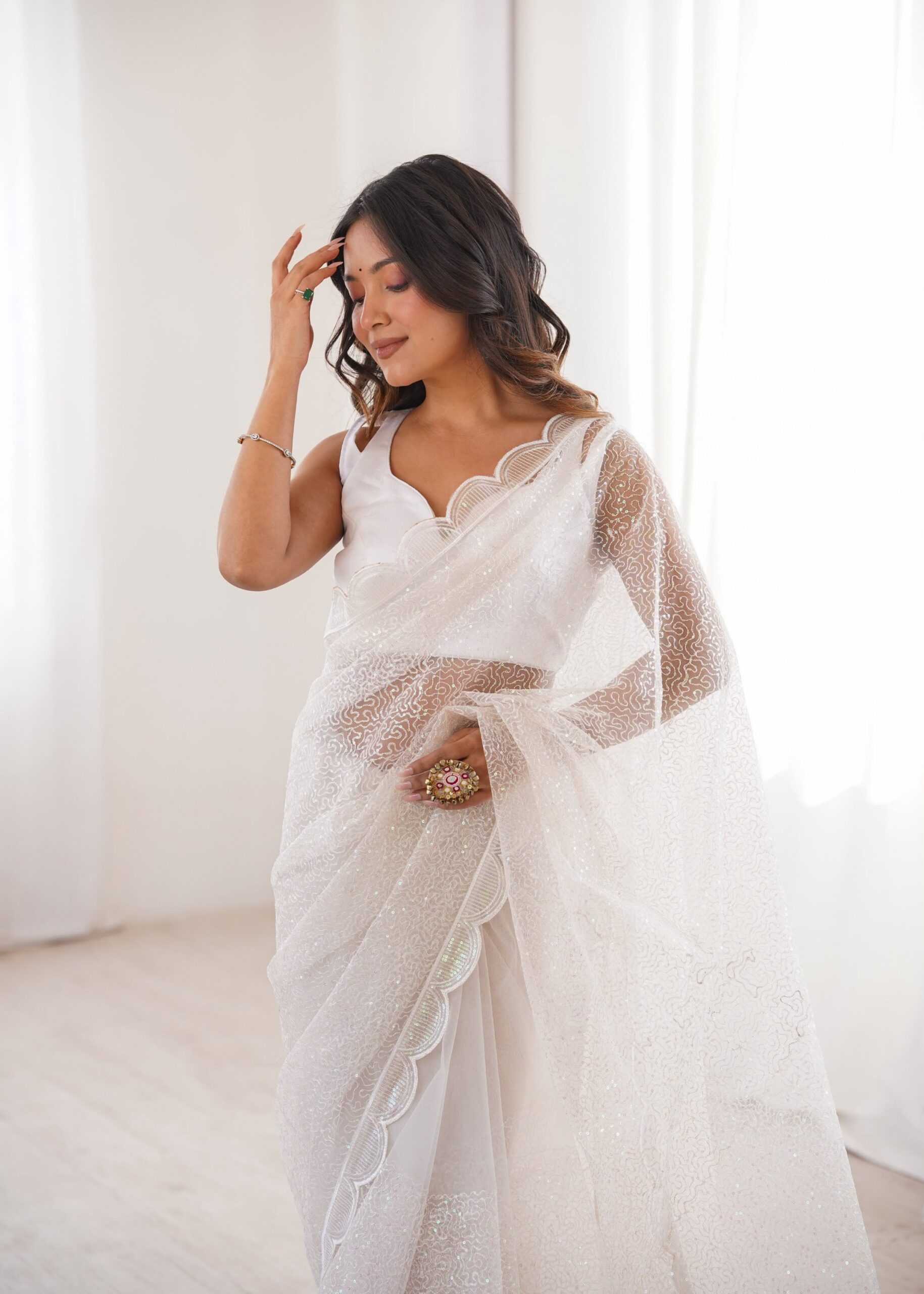 Shimmering Thread & Sequins Net Saree - Image 15