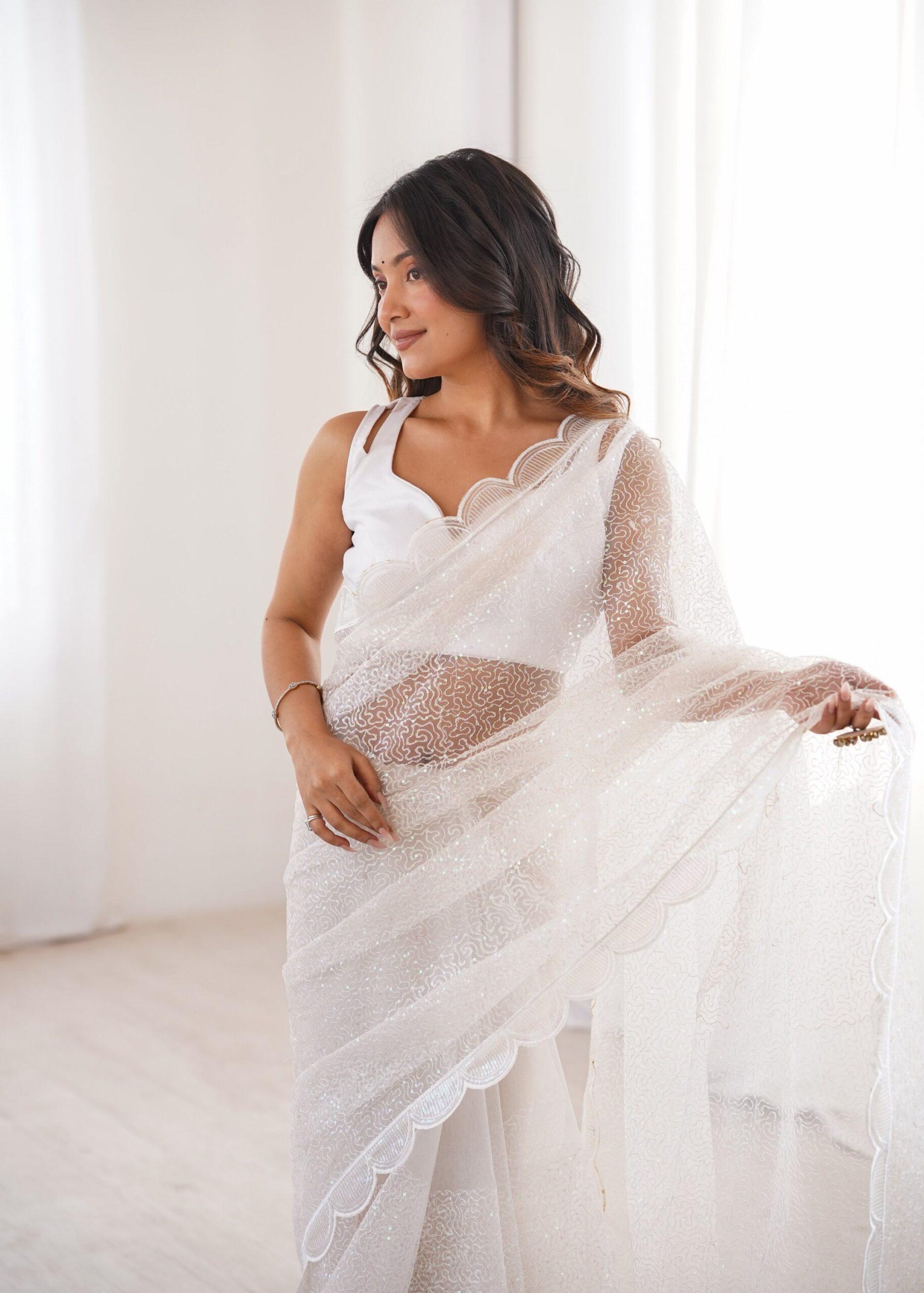 Shimmering Thread & Sequins Net Saree - Image 16
