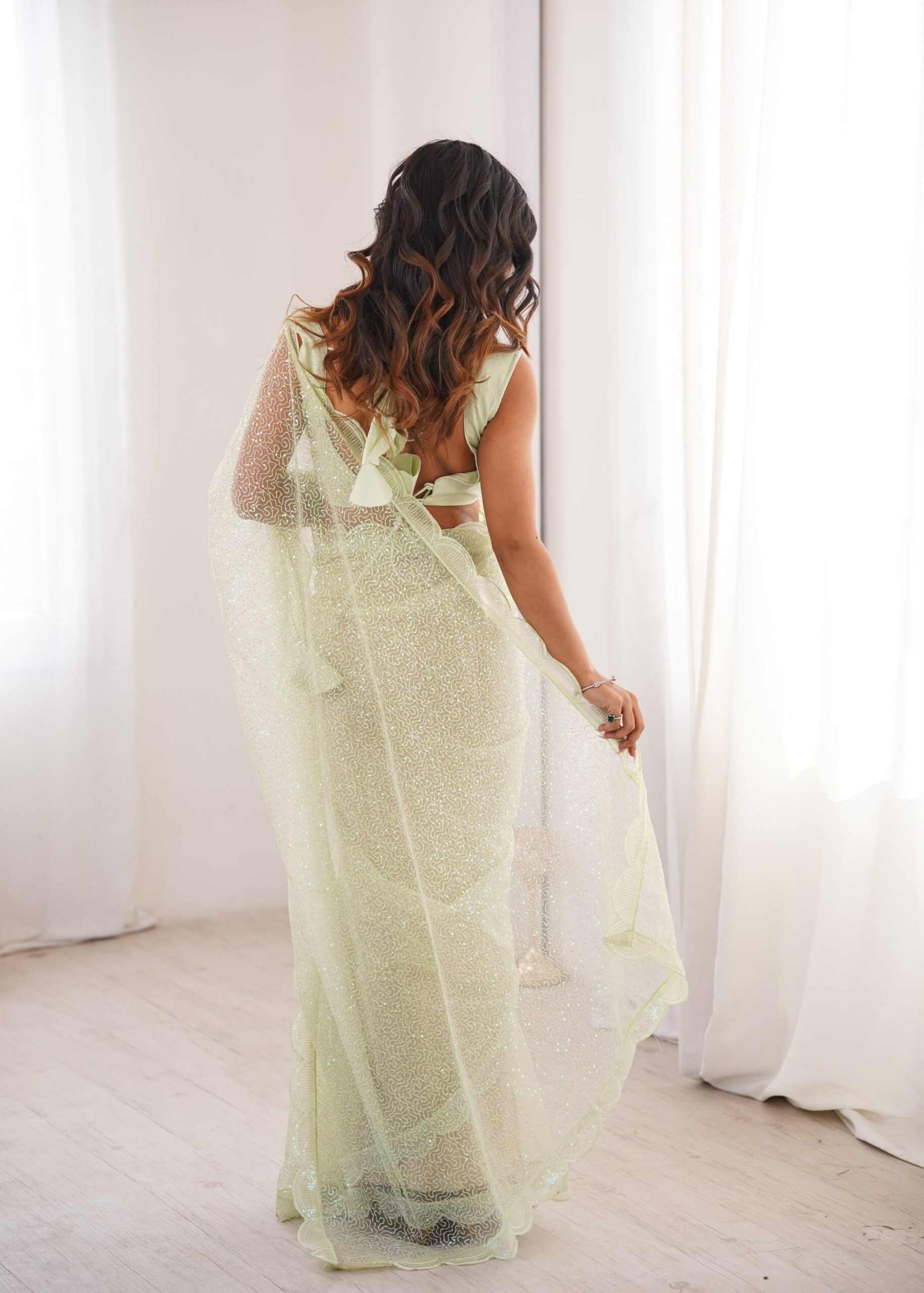 Shimmering Thread & Sequins Net Saree - Image 25
