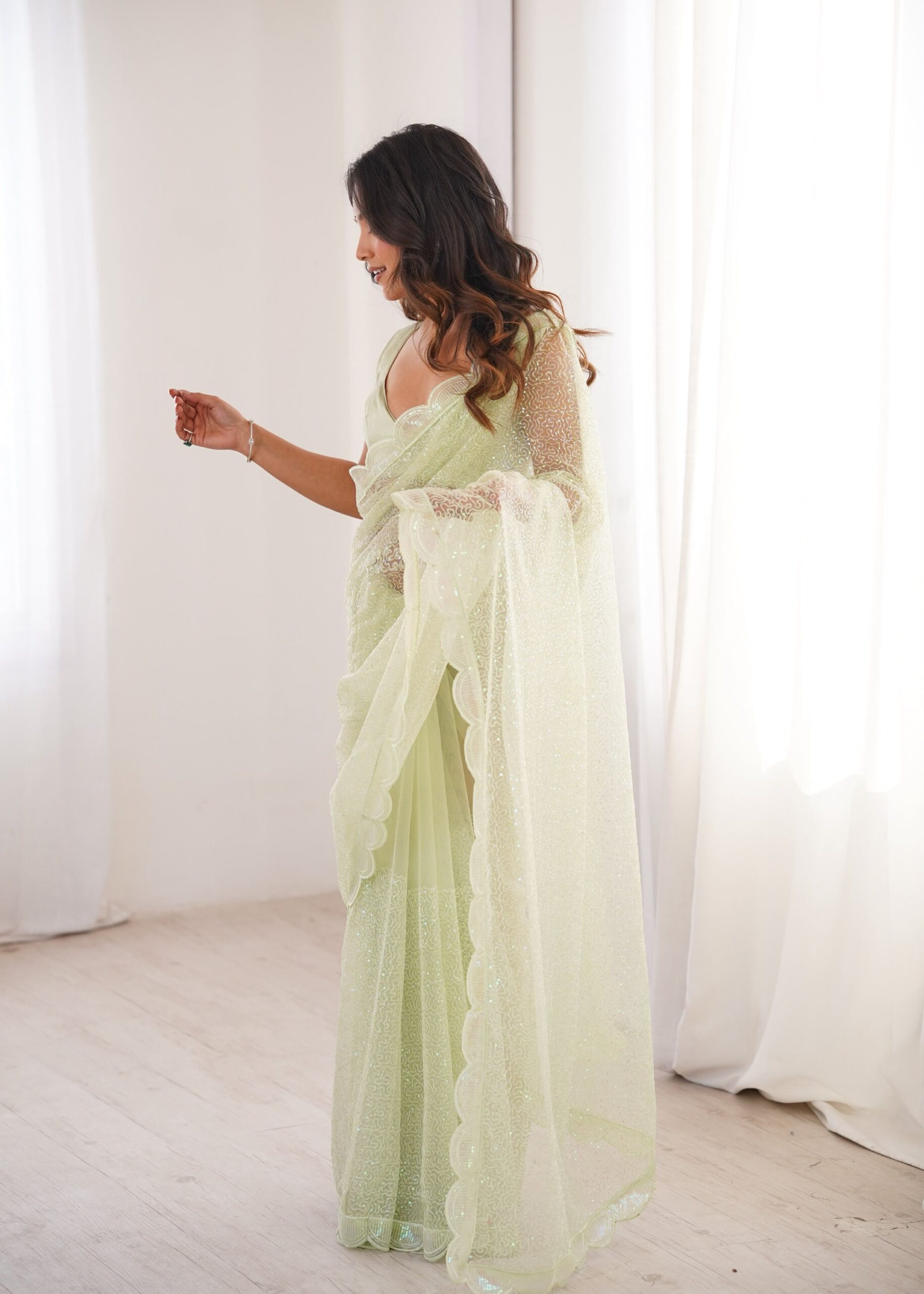 Shimmering Thread & Sequins Net Saree - Image 24