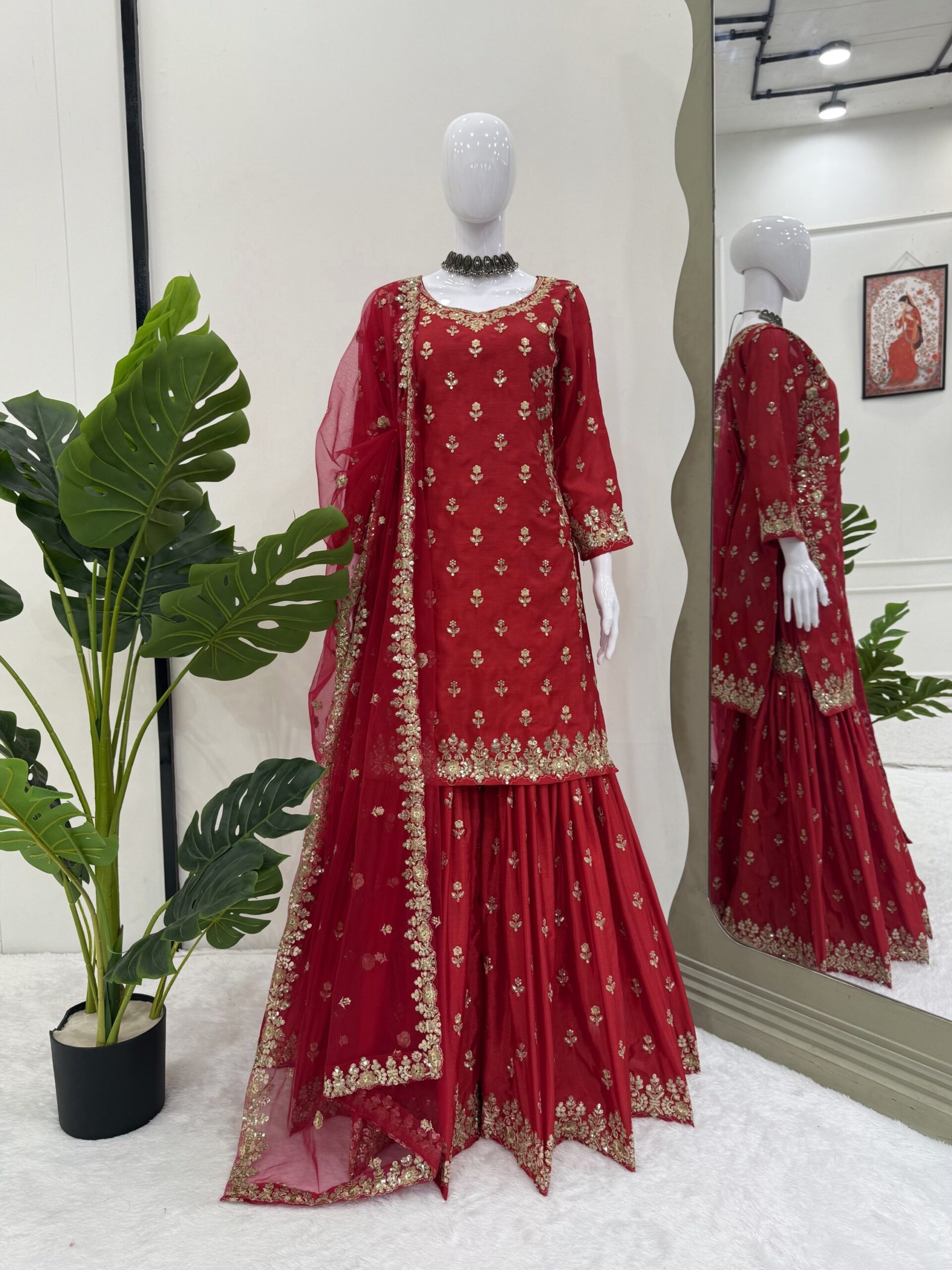 Royal Chinon Silk Embroidered Sharara Set