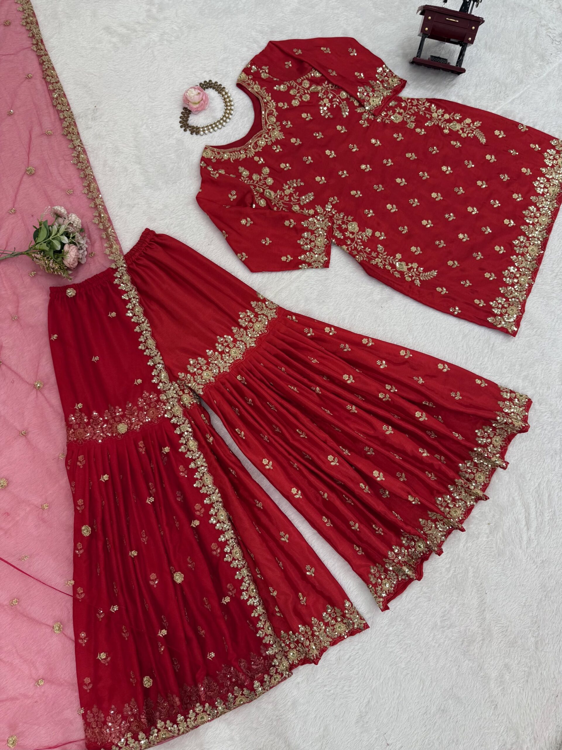 Royal Chinon Silk Embroidered Sharara Set - Image 9