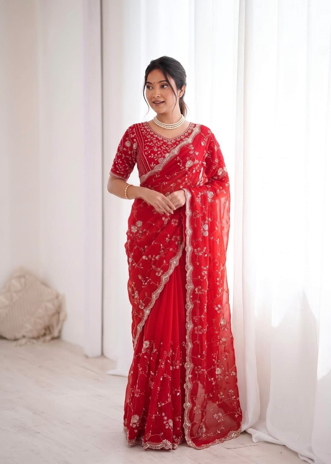 Beads & Sequins Fendi Silk Designer Saree - Image 3