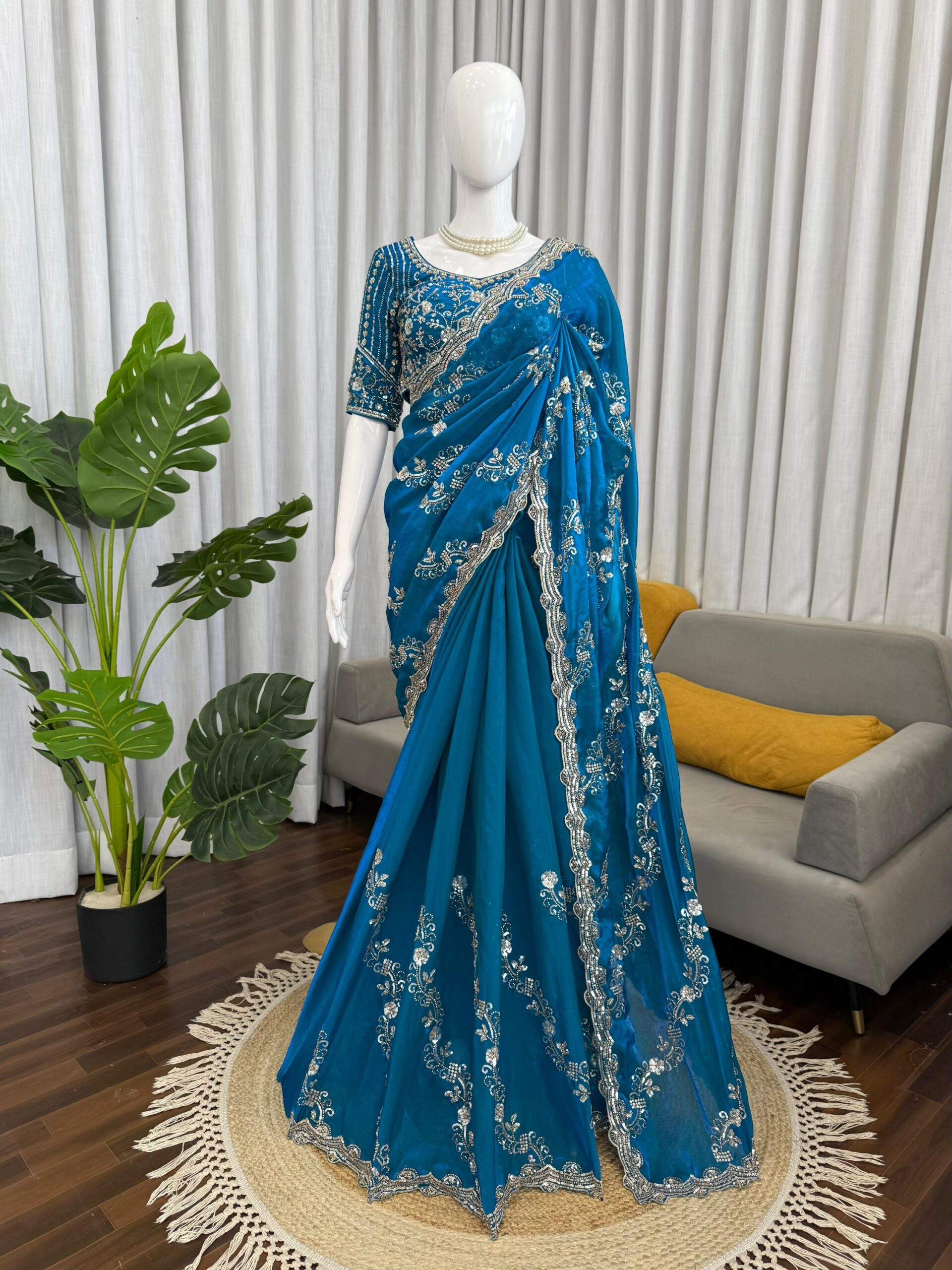 Beads & Sequins Fendi Silk Designer Saree - Image 18